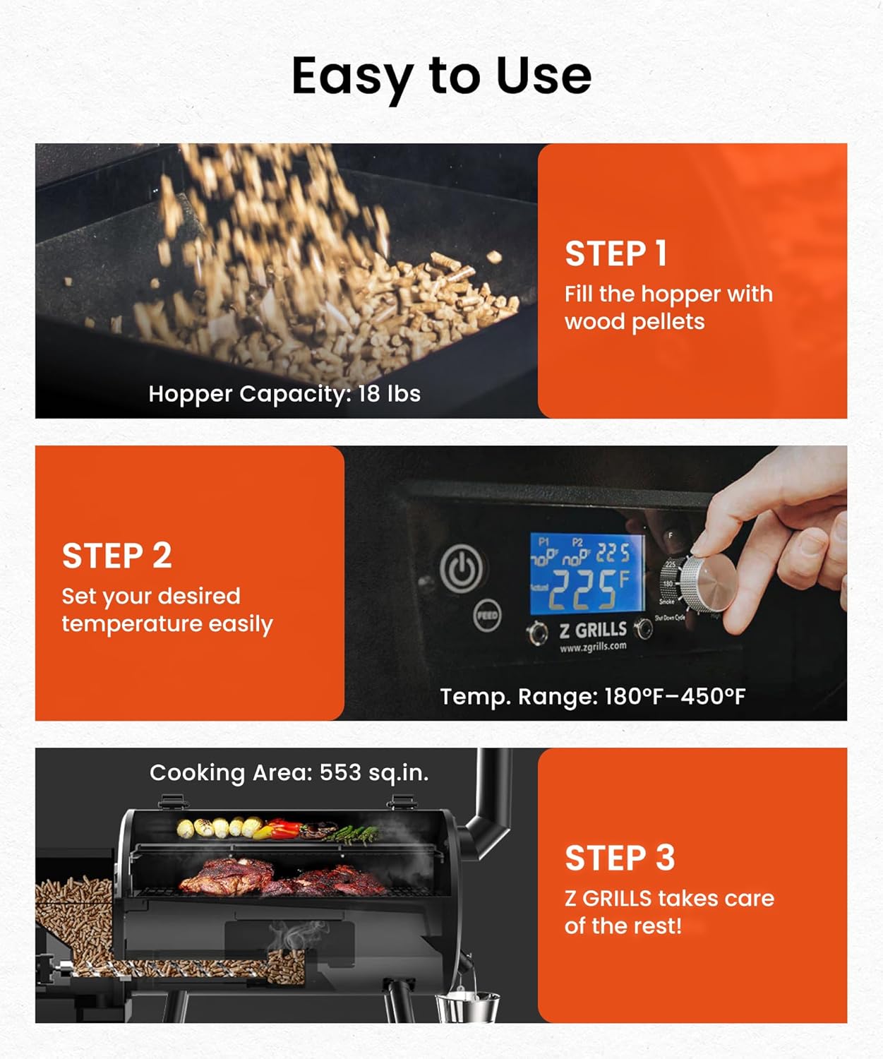 Z GRILLS ZPG-550B2 Wood Pellet Grill & Smoker with PID 3.0 Controller, 553 sq in Cooking Area, Meat Probe, Hopper Cleanout, 8 in 1 BBQ Grill Outdoor Auto Temperature Control, Black - Image 3