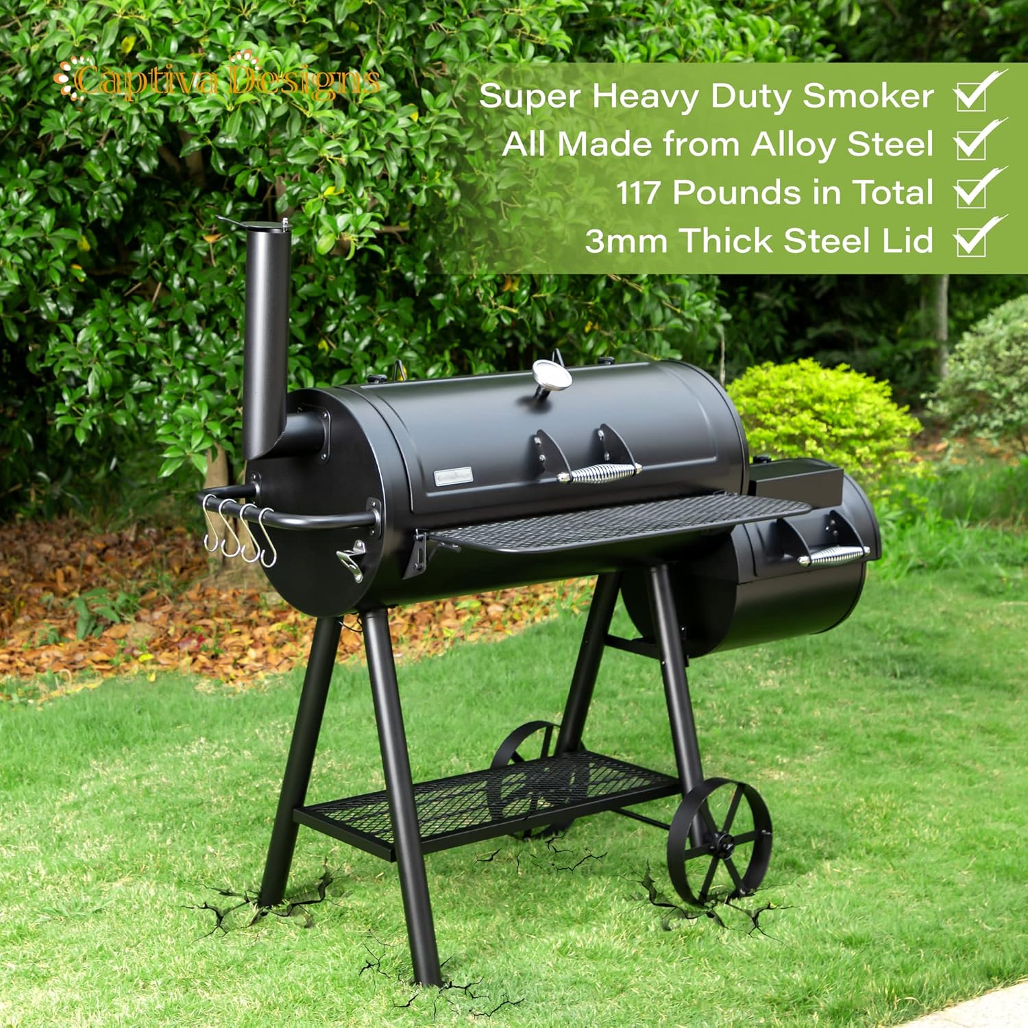 Captiva Designs Heavy Duty Outdoor Smoker,Extra Large Cooking Area(941 sq.in. in Total) Offset Smoker, Best Charcoal Smoker and Grill Combo for Outdoor Garden Patio and Backyard Cooking - Image 4
