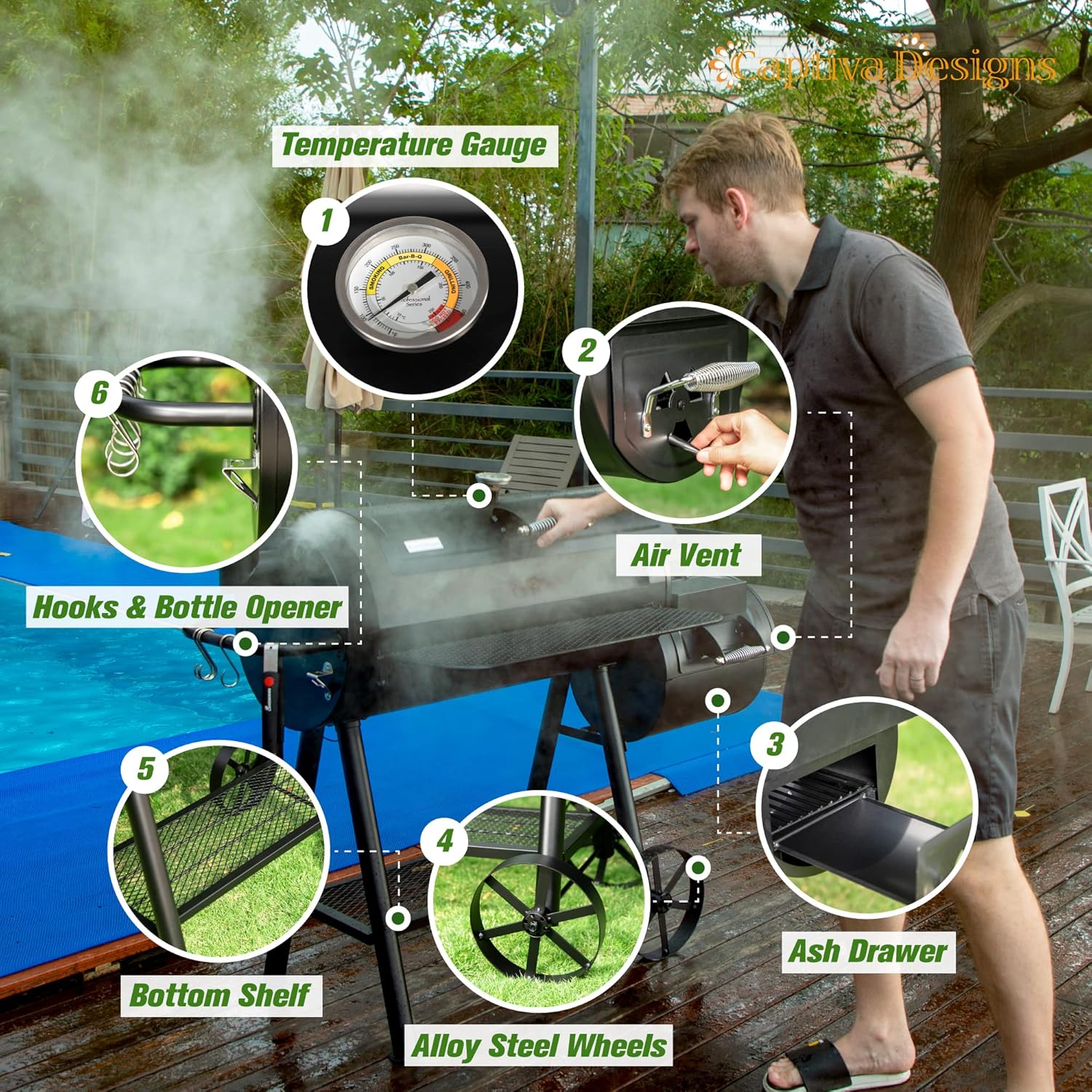 Captiva Designs Heavy Duty Outdoor Smoker,Extra Large Cooking Area(941 sq.in. in Total) Offset Smoker, Best Charcoal Smoker and Grill Combo for Outdoor Garden Patio and Backyard Cooking - Image 5