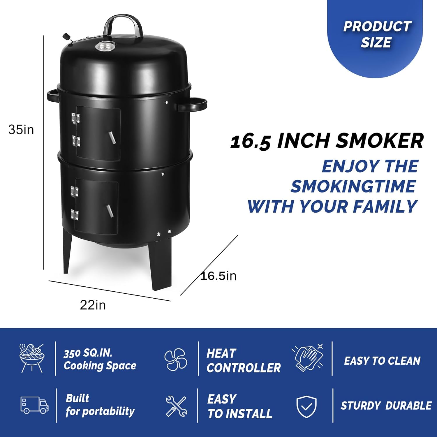 16.5 Inch Charcoal Smoker Grill with Thermometers and Air Vent, Multi-Layer Meat 3-in-1 Portable Vertical Smoker with 2 Access Doors Grill Smoker Black (16.5Inch)