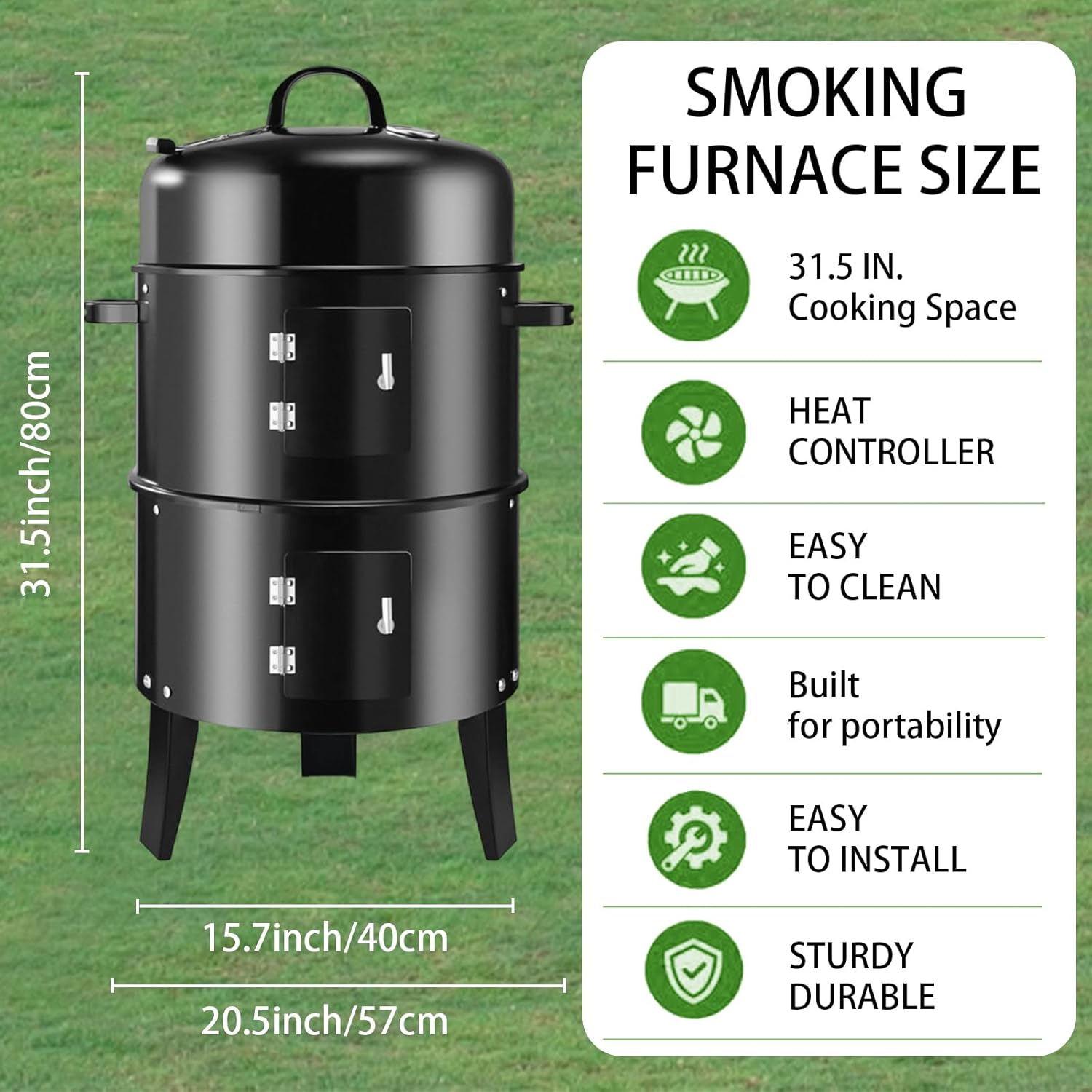 16.5-Inch Vertical Charcoal Smoker, Heavy Duty Round Multi-Layer BBQ Grill with Thermometer for Smoking Meats (Black)