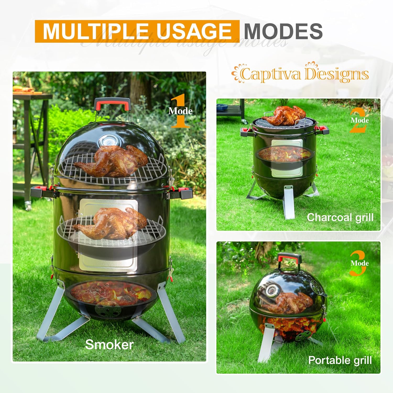 Captiva Designs 18-inch Vertical Charcoal Smoker Grill with Porcelain-Enameled Smoking Chamber, Wood Mountain Smoker for Meat Turkey and BBQ, with Built-in Thermometer - Image 3