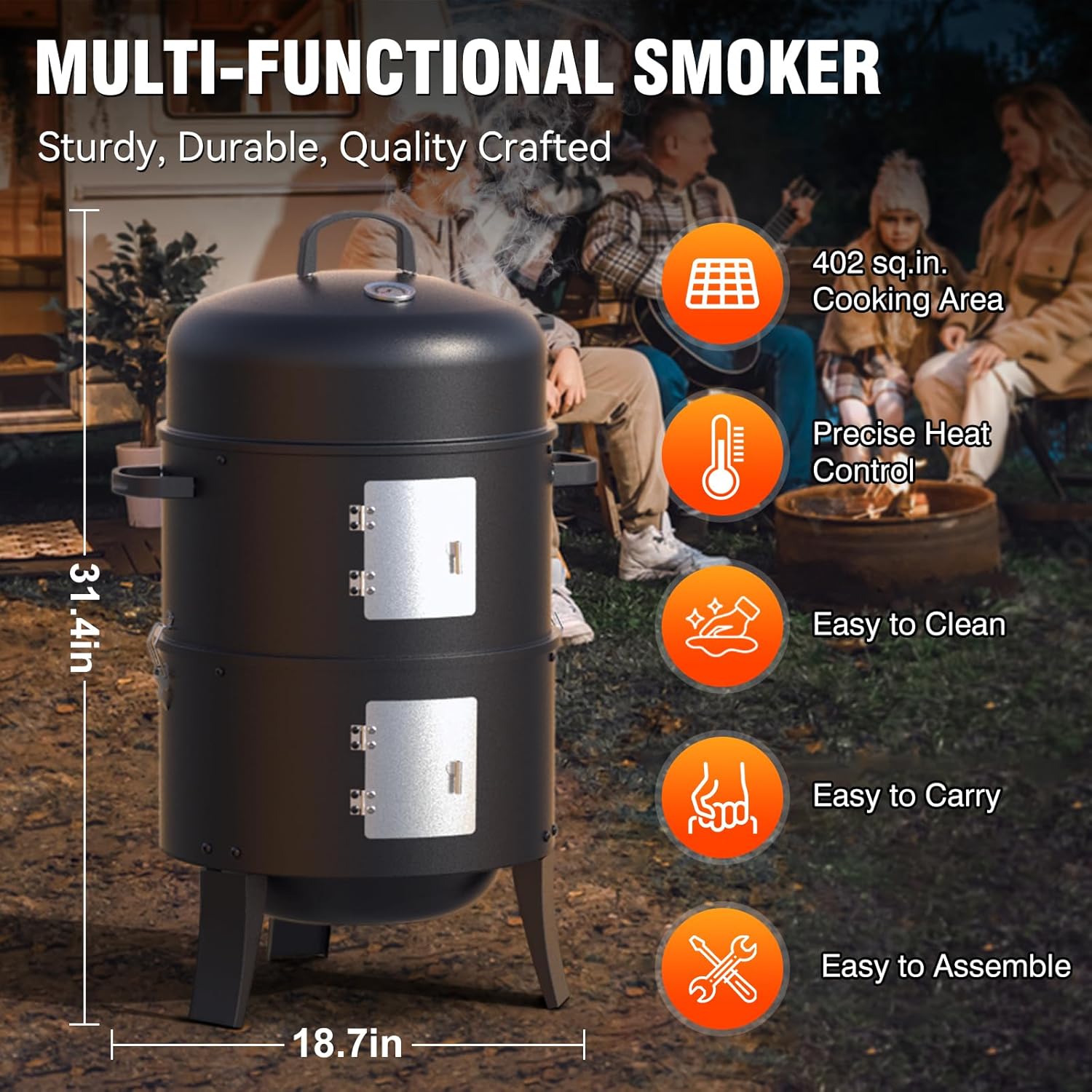 16" Charcoal Smoker, 3 in 1 Heavy Duty Vertical Barbecue Grill, Outdoor Fire Pit 402 Square Inches Cooking Area, Versatile Outdoor Smoker Grill, Black