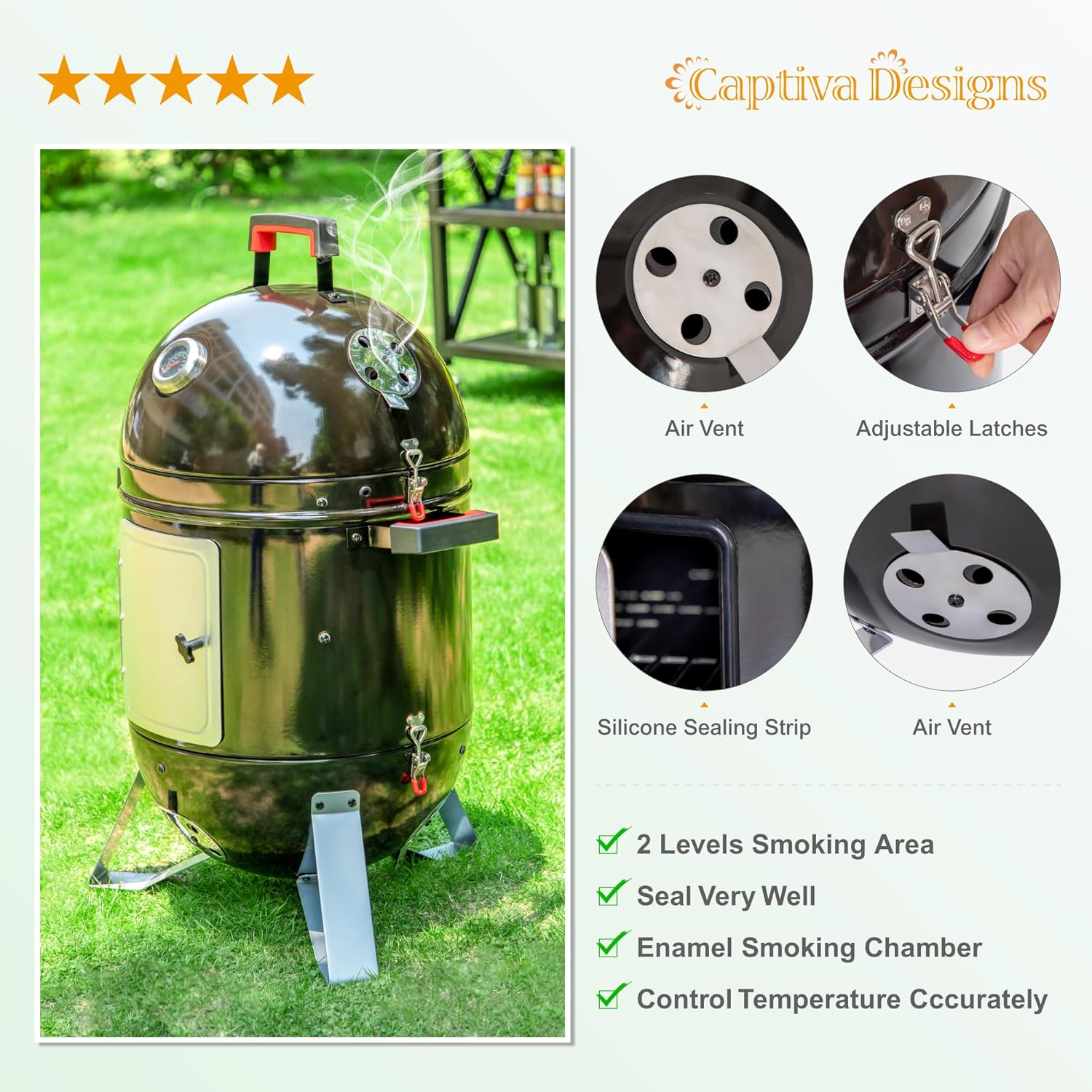 Captiva Designs 18-inch Vertical Charcoal Smoker Grill with Porcelain-Enameled Smoking Chamber, Wood Mountain Smoker for Meat Turkey and BBQ, with Built-in Thermometer - Image 5