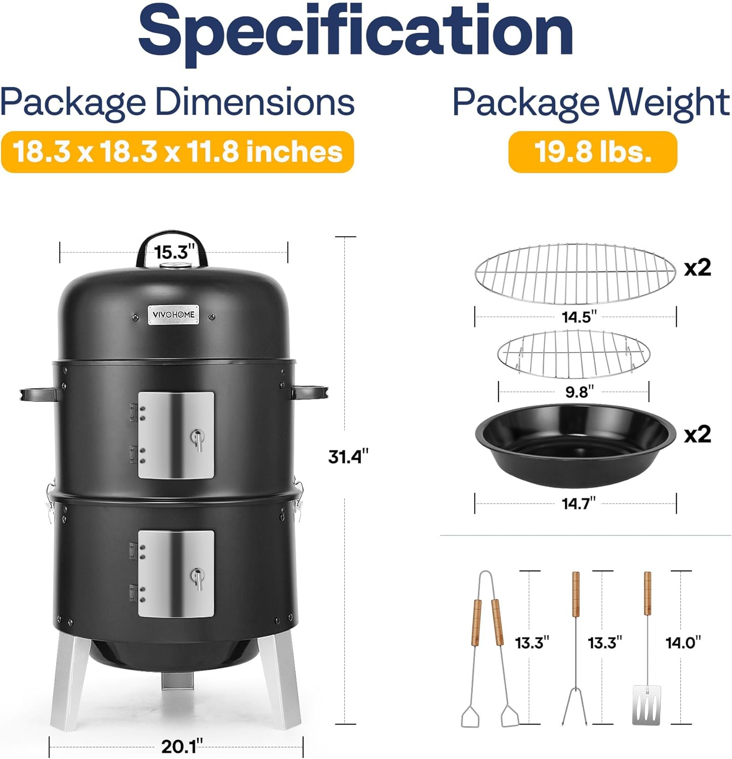 VIVOHOME 3-in-1 Vertical Charcoal Smoker, BBQ Smoker Grill with Built-in Thermometer, Air Vent, and 2 Access Doors, Idea for Parties, Backyard, Barbecues