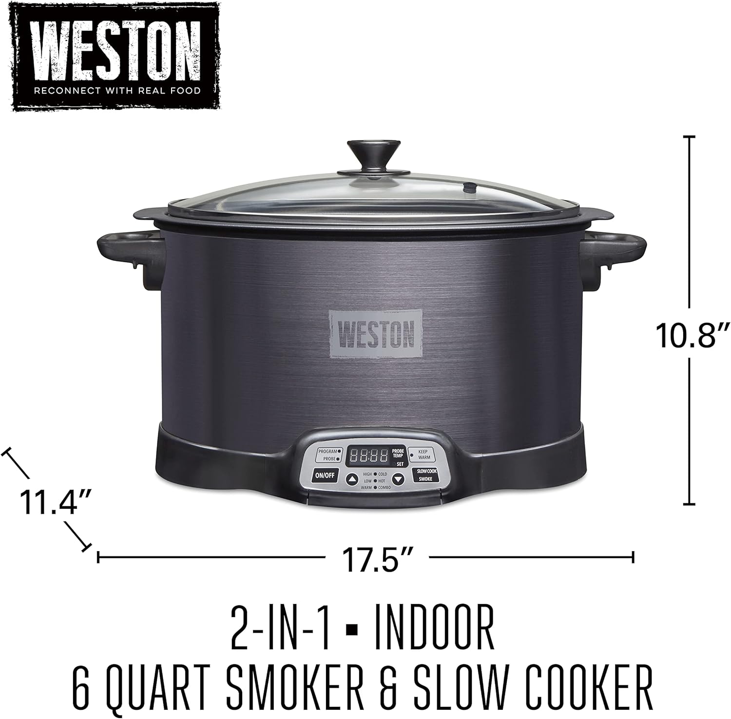 WESTON BRANDS 2-in-1 Indoor Electric Smoker & Programmable Slow Cooker, 6 Quart, With 3-Tier Smoking Rack for Meat, Cheese and More, Dishwasher Safe Crock, Temperature Probe, Black (03-2500-W)