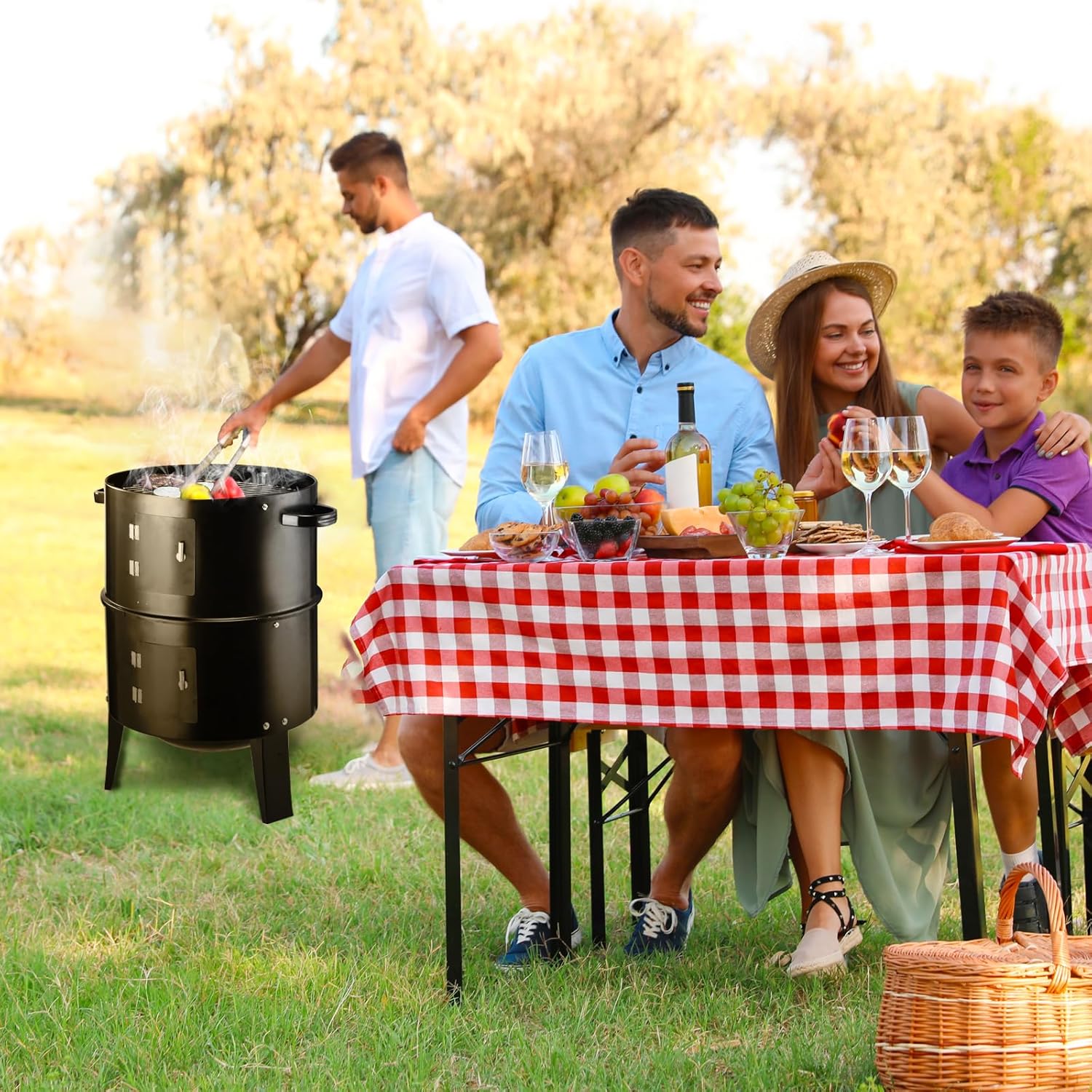 T001-2 19-inch BBQ Charcoal Smoker, Heavy Duty Round Smoking-Vertical Multi-Layer Pellet Smoker for Meats-Offset Charcoal Grill with Thermometer, Black