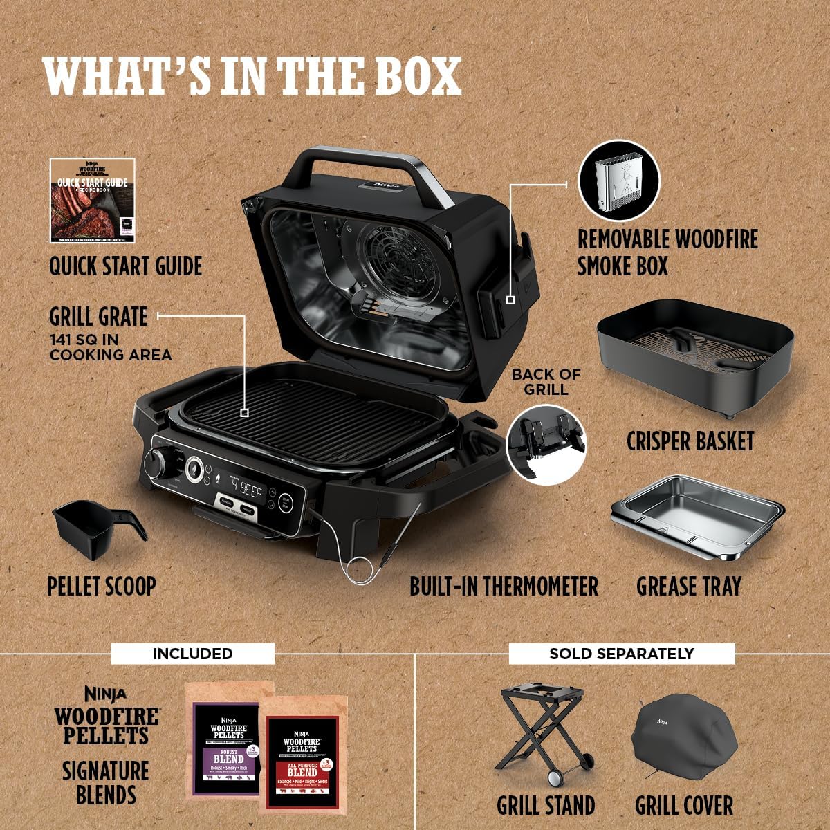 Ninja OG751 Woodfire Pro Outdoor Grill Built-In Thermometer,7-in-1 Master Grill,BBQ Smoker,& Outdoor Air Fryer Plus Bake,Roast,Dehydrate & Broil,Woodfire Technology,Weather-Resistant,Grey XL - Image 8