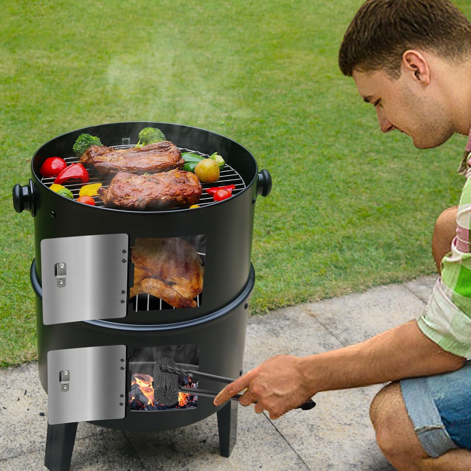 MASTER COOK 16 inch Charcoal Smoker, Vertical BBQ Grill, Heavy Duty 4 In 1 Fire Pit with built-in Thermometer & Adjustable Vent System for Backyard Patio Camping