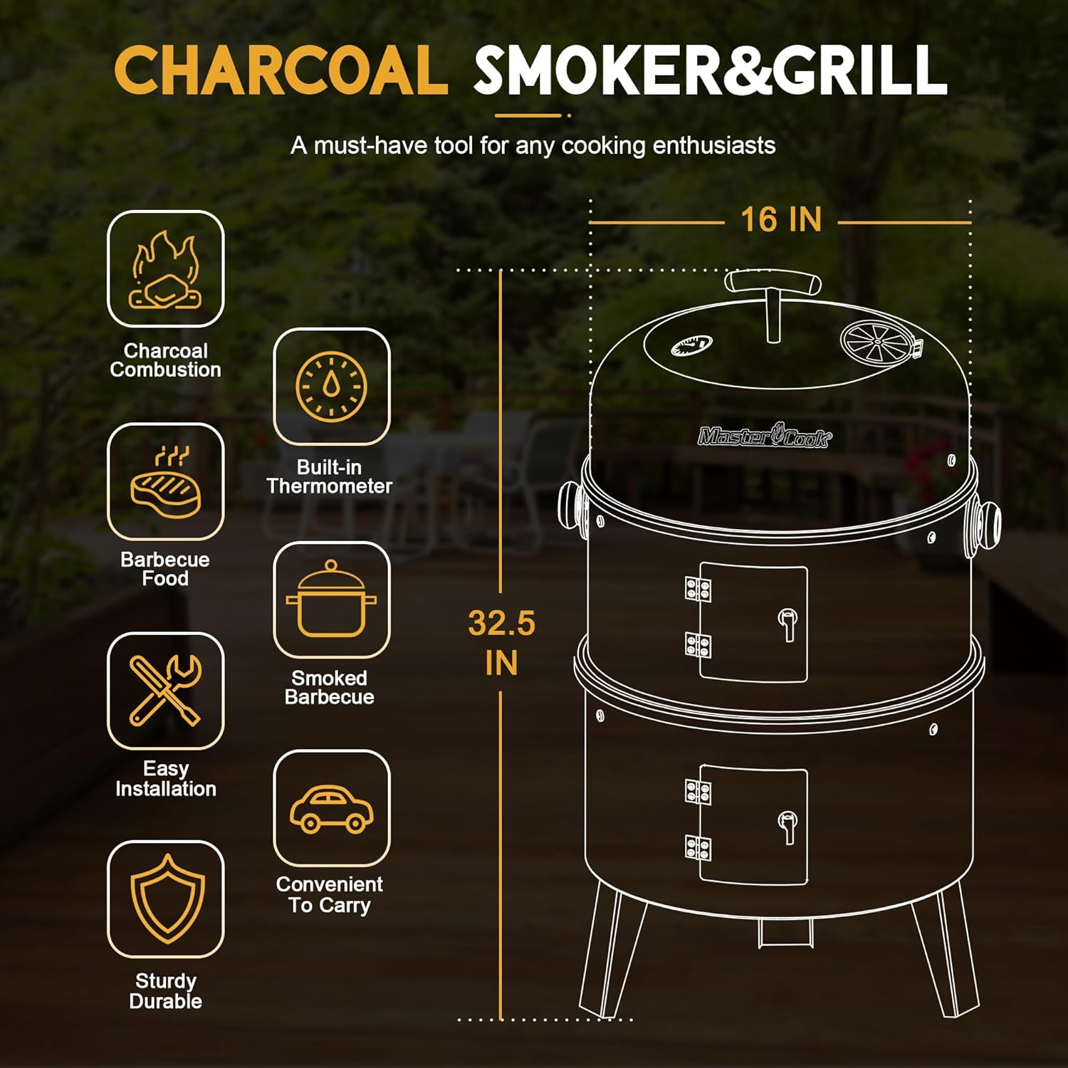 MASTER COOK 16 inch Charcoal Smoker, Vertical BBQ Grill, Heavy Duty 4 In 1 Fire Pit with built-in Thermometer & Adjustable Vent System for Backyard Patio Camping - Image 2
