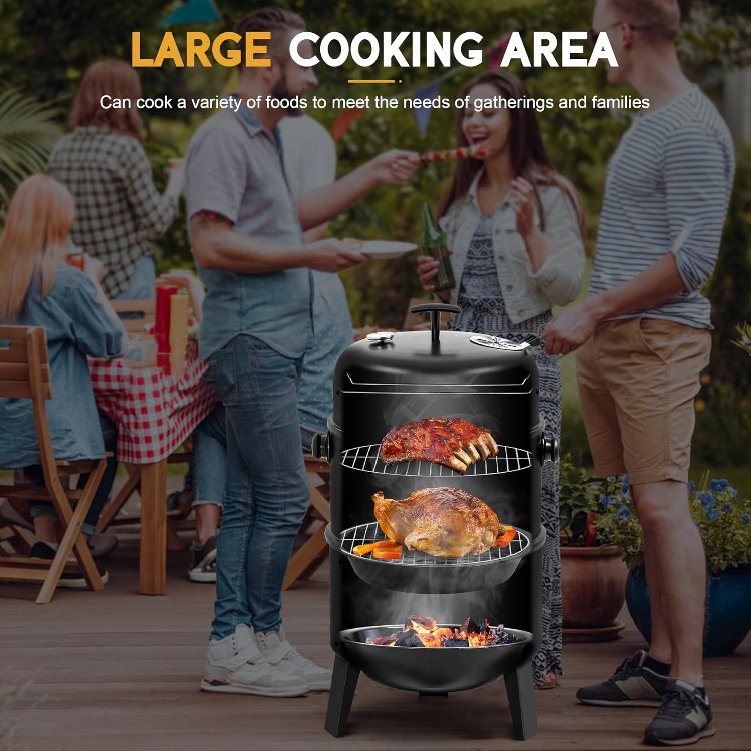MASTER COOK 16 inch Charcoal Smoker, Vertical BBQ Grill, Heavy Duty 4 In 1 Fire Pit with built-in Thermometer & Adjustable Vent System for Backyard Patio Camping - Image 3
