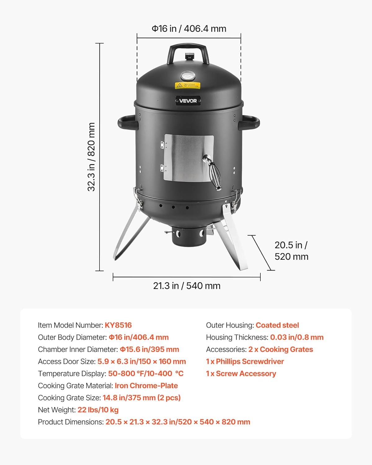 VEVOR Charcoal Smoker, 16" Vertical Charcoal BBQ Grill, Coated Steel Barbecue Smoker with 2 Grilling Grates, Thermometer, Air Vents & Removable Ash Tray, Ideal for Backyard Patio Parties Cooking - Image 2