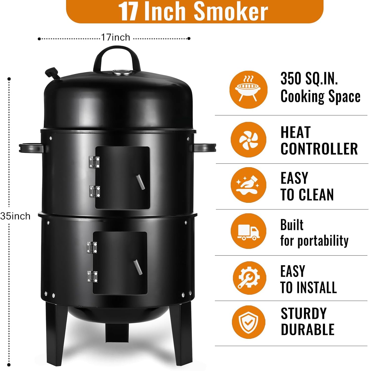 Vertical 17 Inch Charcoal Smoker Grill with Thermometers and Air Vent, Multi-Layer Meat 3-in-1 Portable light weight with 2 Access Doors Grill Smoker (17 INCH)