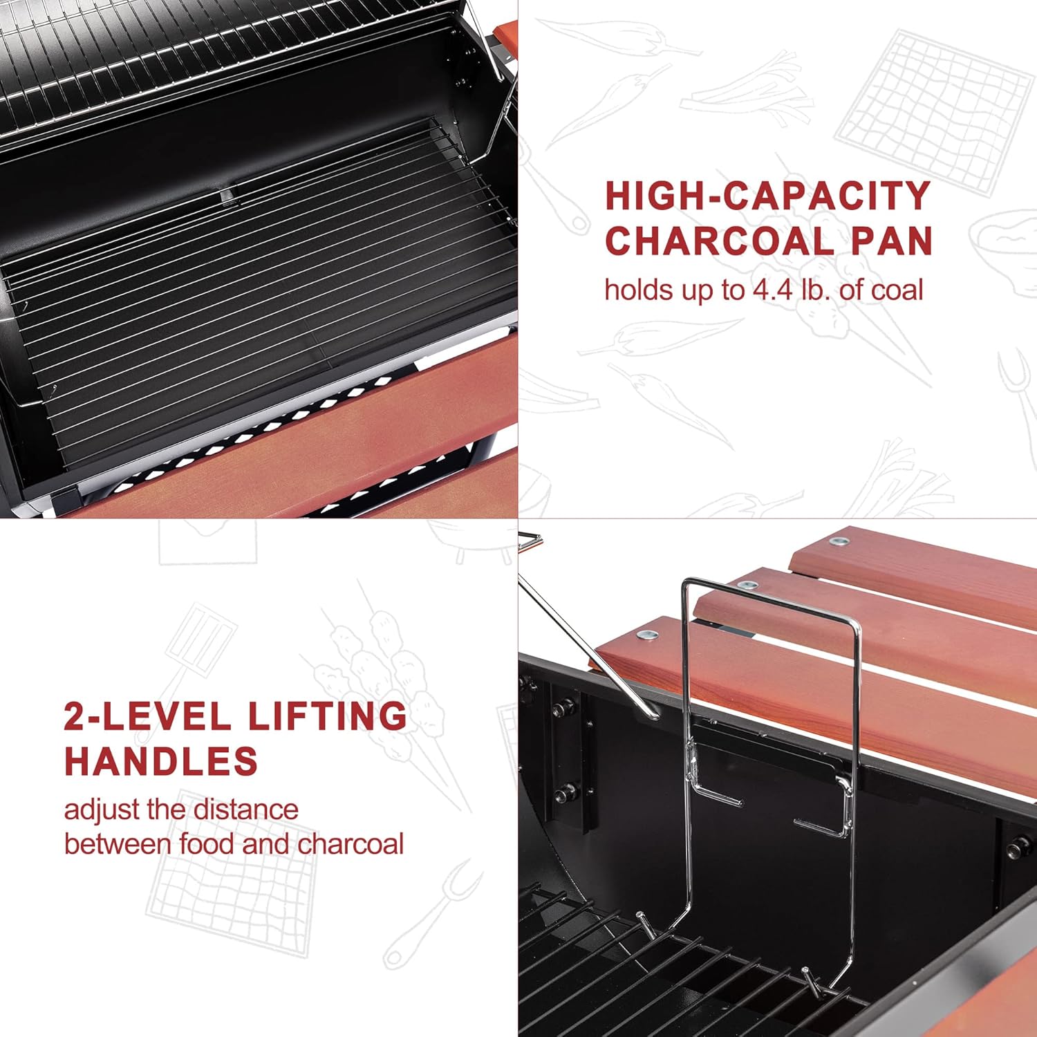 Royal Gourmet CC1830W 30-Inch Charcoal Grill with Offset Smoker and Wood-Painted Side Table, Outdoor Smoker Grill with 811 Sq. In. Cooking Area for Outdoor Barbecue Event, Black - Image 4