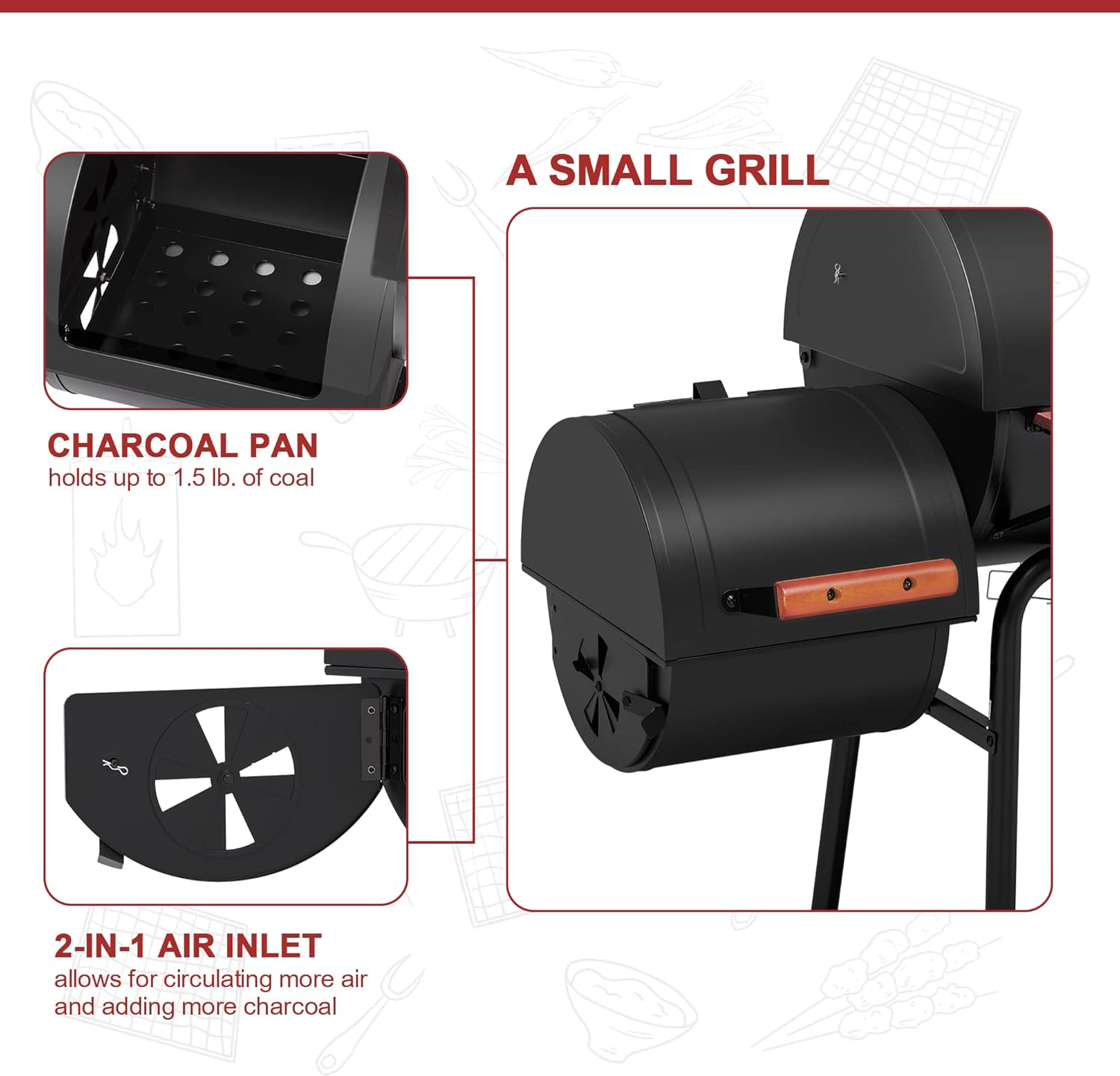 Royal Gourmet CC1830W 30-Inch Charcoal Grill with Offset Smoker and Wood-Painted Side Table, Outdoor Smoker Grill with 811 Sq. In. Cooking Area for Outdoor Barbecue Event, Black - Image 6