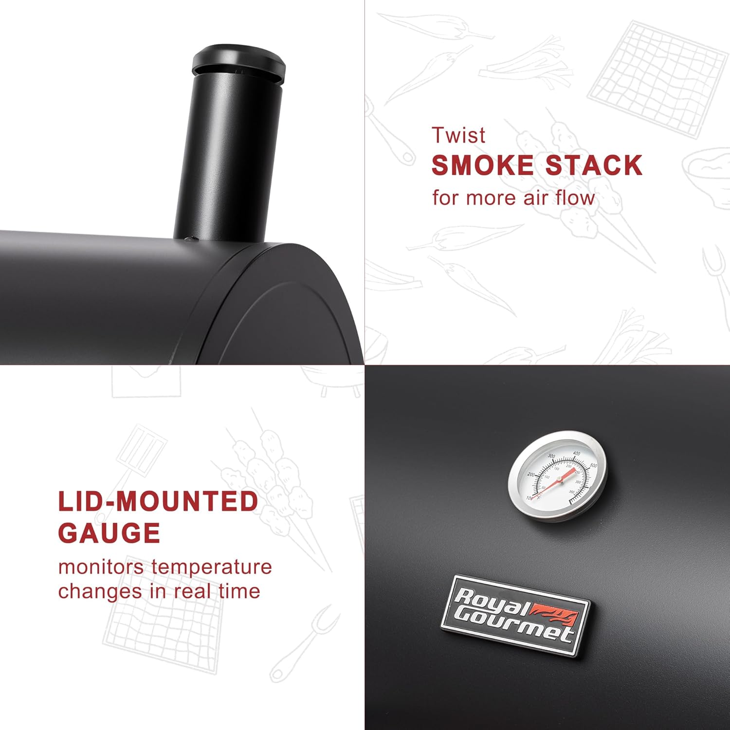 Royal Gourmet CC1830W 30-Inch Charcoal Grill with Offset Smoker and Wood-Painted Side Table, Outdoor Smoker Grill with 811 Sq. In. Cooking Area for Outdoor Barbecue Event, Black - Image 5