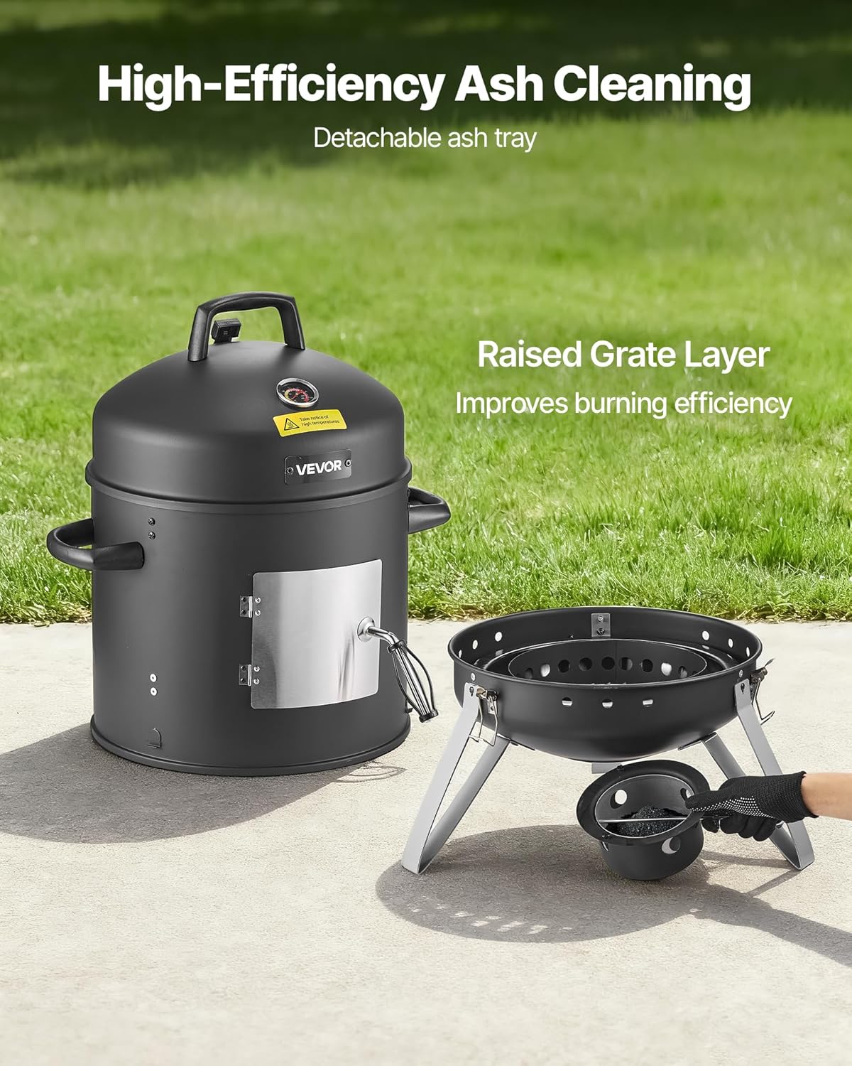 VEVOR Charcoal Smoker, 16" Vertical Charcoal BBQ Grill, Coated Steel Barbecue Smoker with 2 Grilling Grates, Thermometer, Air Vents & Removable Ash Tray, Ideal for Backyard Patio Parties Cooking - Image 6