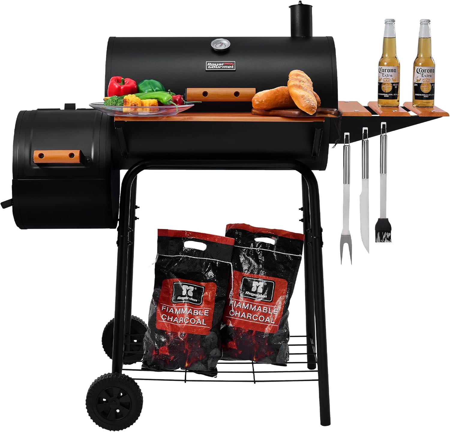 Royal Gourmet CC1830W 30-Inch Charcoal Grill with Offset Smoker and Wood-Painted Side Table, Outdoor Smoker Grill with 811 Sq. In. Cooking Area for Outdoor Barbecue Event, Black - Image 9