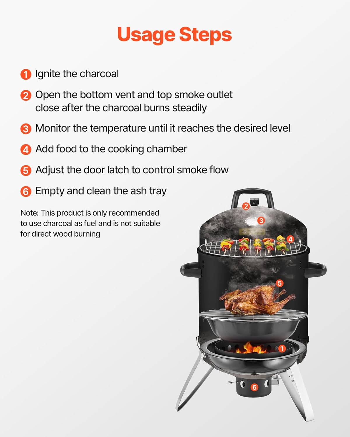 VEVOR Charcoal Smoker, 16" Vertical Charcoal BBQ Grill, Coated Steel Barbecue Smoker with 2 Grilling Grates, Thermometer, Air Vents & Removable Ash Tray, Ideal for Backyard Patio Parties Cooking - Image 7