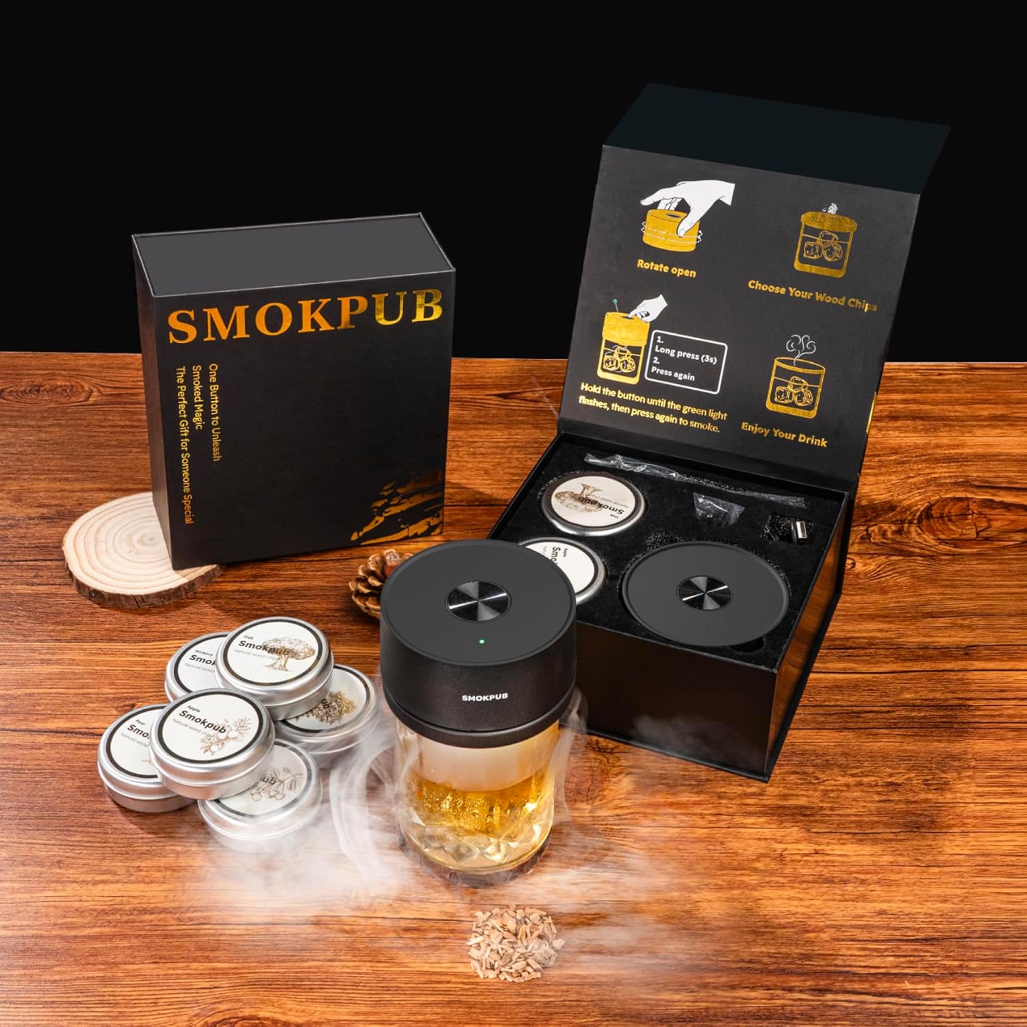 SMOKPUB Electric Whiskey Smoker Kit Built-in Lighter, No Butane Needed, Rechargeable Cocktail Smoker Kit with 6 Wood Chips, Old Fashioned Drink Smoker Kit, Bourbon Whiskey Gifts for Men,Dad,Husband - Image 4