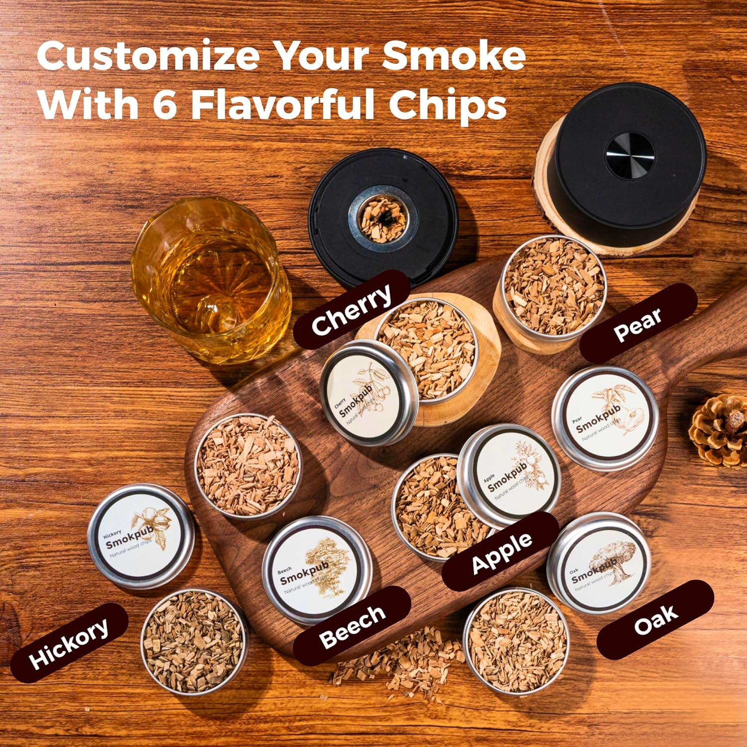 SMOKPUB Electric Whiskey Smoker Kit Built-in Lighter, No Butane Needed, Rechargeable Cocktail Smoker Kit with 6 Wood Chips, Old Fashioned Drink Smoker Kit, Bourbon Whiskey Gifts for Men,Dad,Husband - Image 5