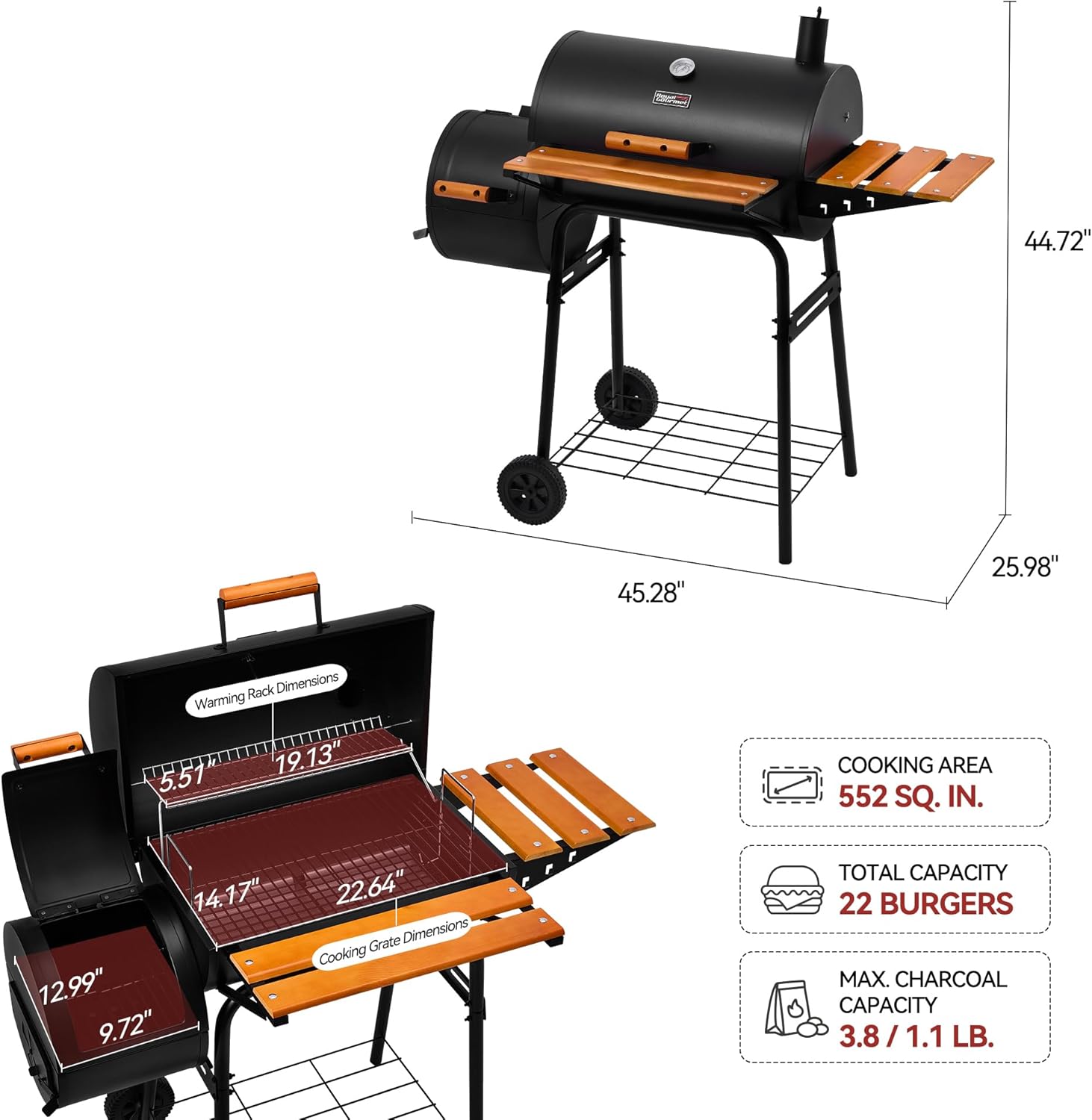 Royal Gourmet CC1624W Barrel Charcoal Grill with Offset Smoker, 552 Sq. In. Cooking Area, Wooden Front and Side Shelf with Hooks, Mesh Bottom Shelf, Charcoal Grill for Outdoor Grilling, Black - Image 2