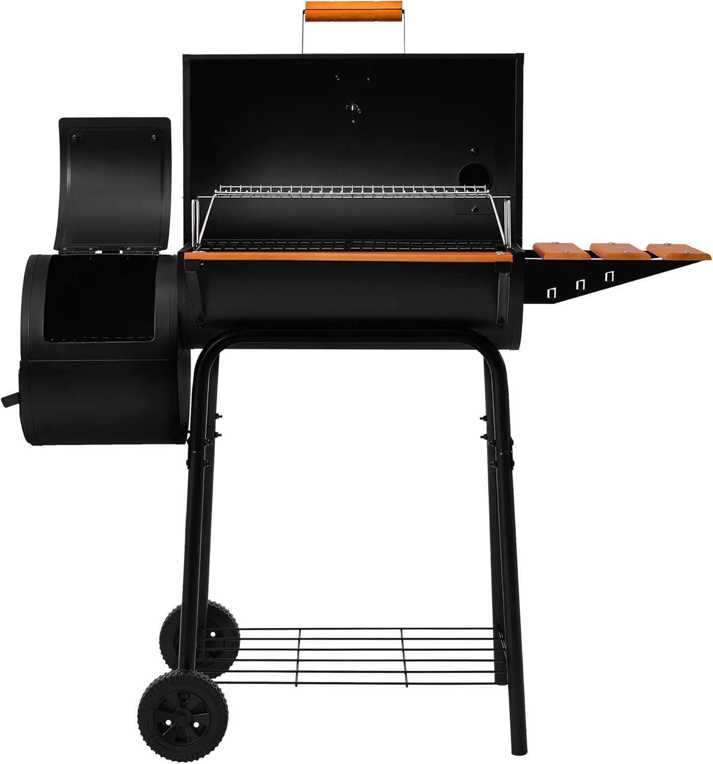 Royal Gourmet CC1624W Barrel Charcoal Grill with Offset Smoker, 552 Sq. In. Cooking Area, Wooden Front and Side Shelf with Hooks, Mesh Bottom Shelf, Charcoal Grill for Outdoor Grilling, Black - Image 3