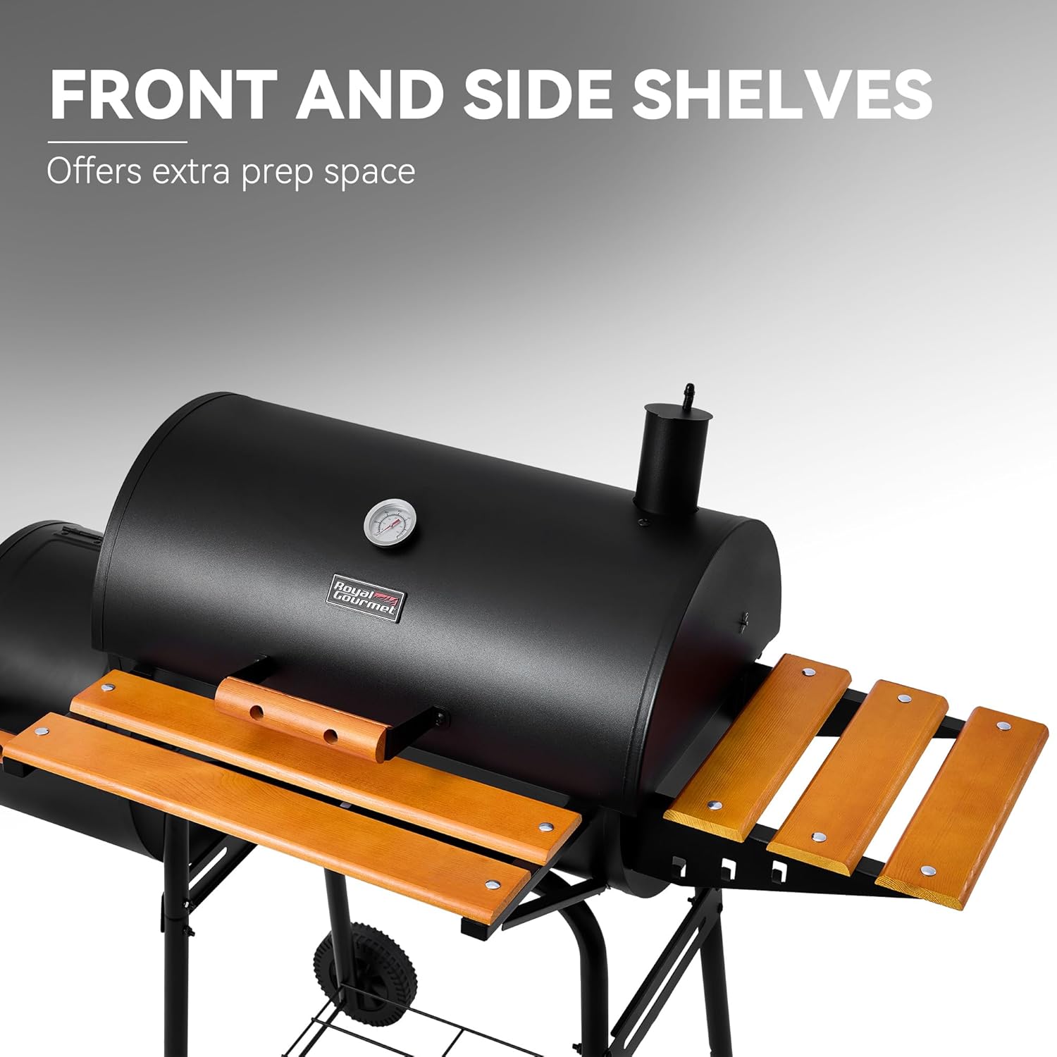 Royal Gourmet CC1624W Barrel Charcoal Grill with Offset Smoker, 552 Sq. In. Cooking Area, Wooden Front and Side Shelf with Hooks, Mesh Bottom Shelf, Charcoal Grill for Outdoor Grilling, Black - Image 4