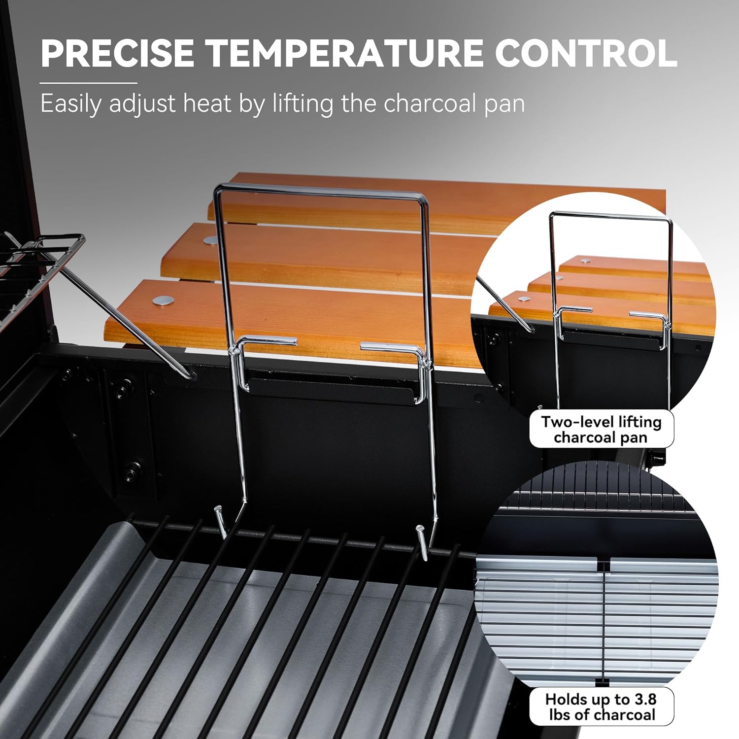 Royal Gourmet CC1624W Barrel Charcoal Grill with Offset Smoker, 552 Sq. In. Cooking Area, Wooden Front and Side Shelf with Hooks, Mesh Bottom Shelf, Charcoal Grill for Outdoor Grilling, Black - Image 5