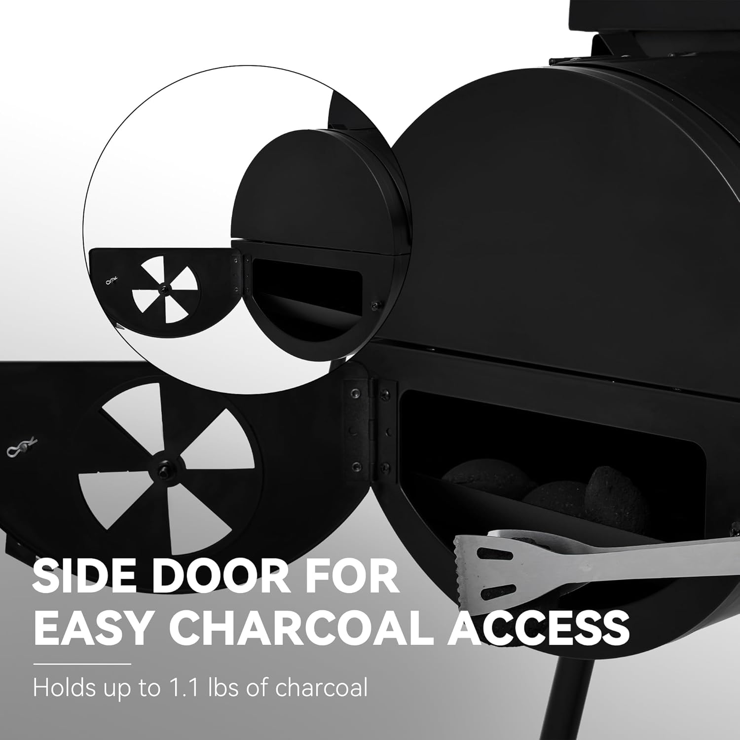 Royal Gourmet CC1624W Barrel Charcoal Grill with Offset Smoker, 552 Sq. In. Cooking Area, Wooden Front and Side Shelf with Hooks, Mesh Bottom Shelf, Charcoal Grill for Outdoor Grilling, Black - Image 6