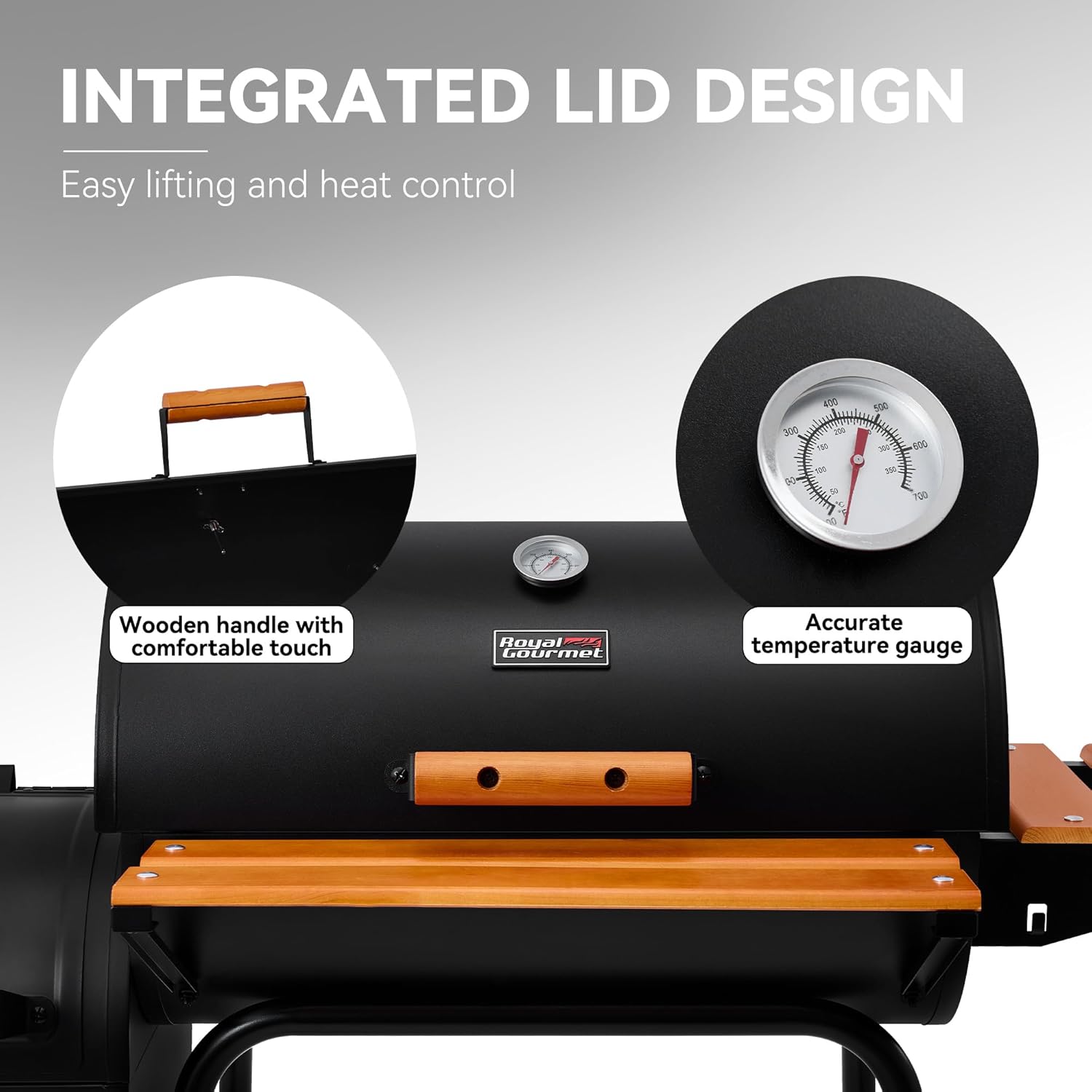 Royal Gourmet CC1624W Barrel Charcoal Grill with Offset Smoker, 552 Sq. In. Cooking Area, Wooden Front and Side Shelf with Hooks, Mesh Bottom Shelf, Charcoal Grill for Outdoor Grilling, Black - Image 8