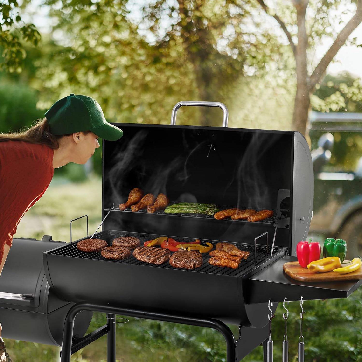 Royal Gourmet CC1830M 30 Inch Barrel Charcoal Grill with Offset Smoker & Warming Rack, Outdoor BBQ Grill with 811 Sq. In. Grilling Space for Backyard, Patio and Parties, Black