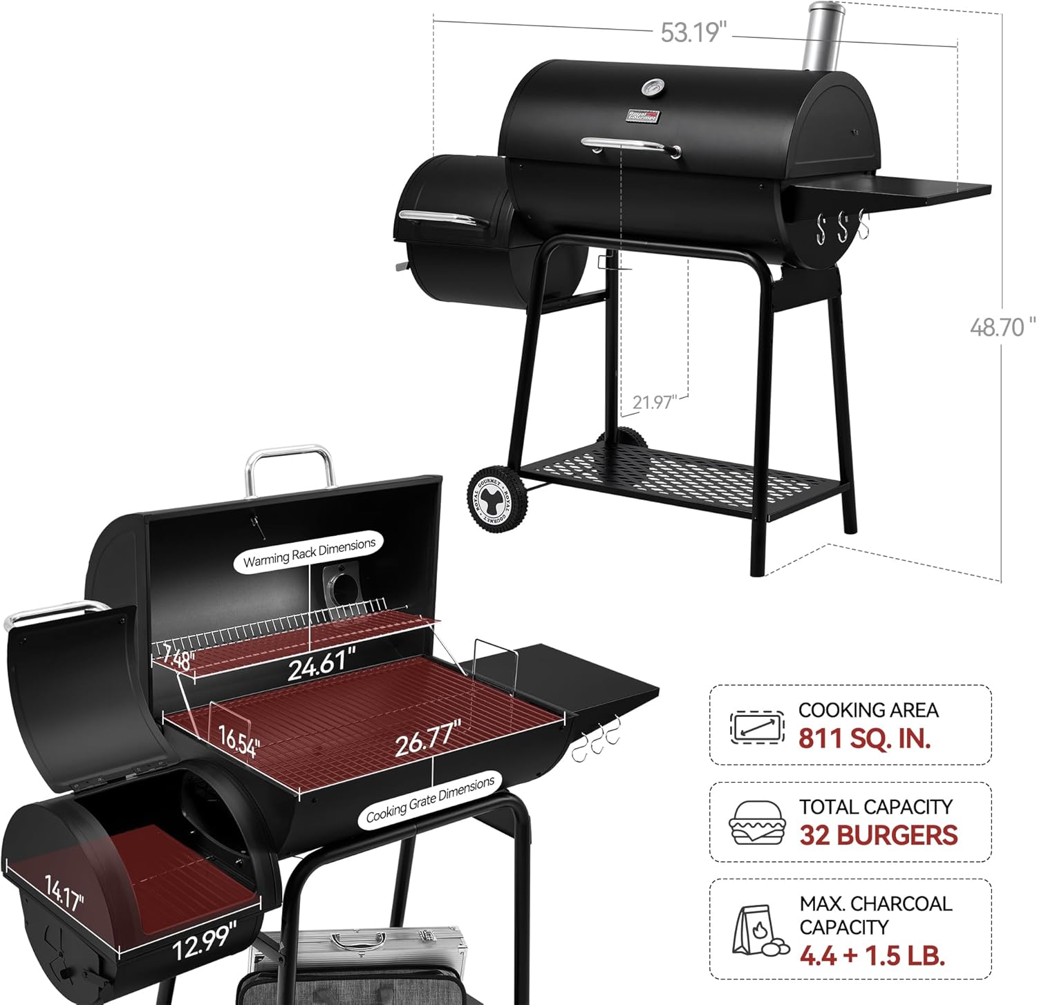 Royal Gourmet CC1830M 30 Inch Barrel Charcoal Grill with Offset Smoker & Warming Rack, Outdoor BBQ Grill with 811 Sq. In. Grilling Space for Backyard, Patio and Parties, Black - Image 2