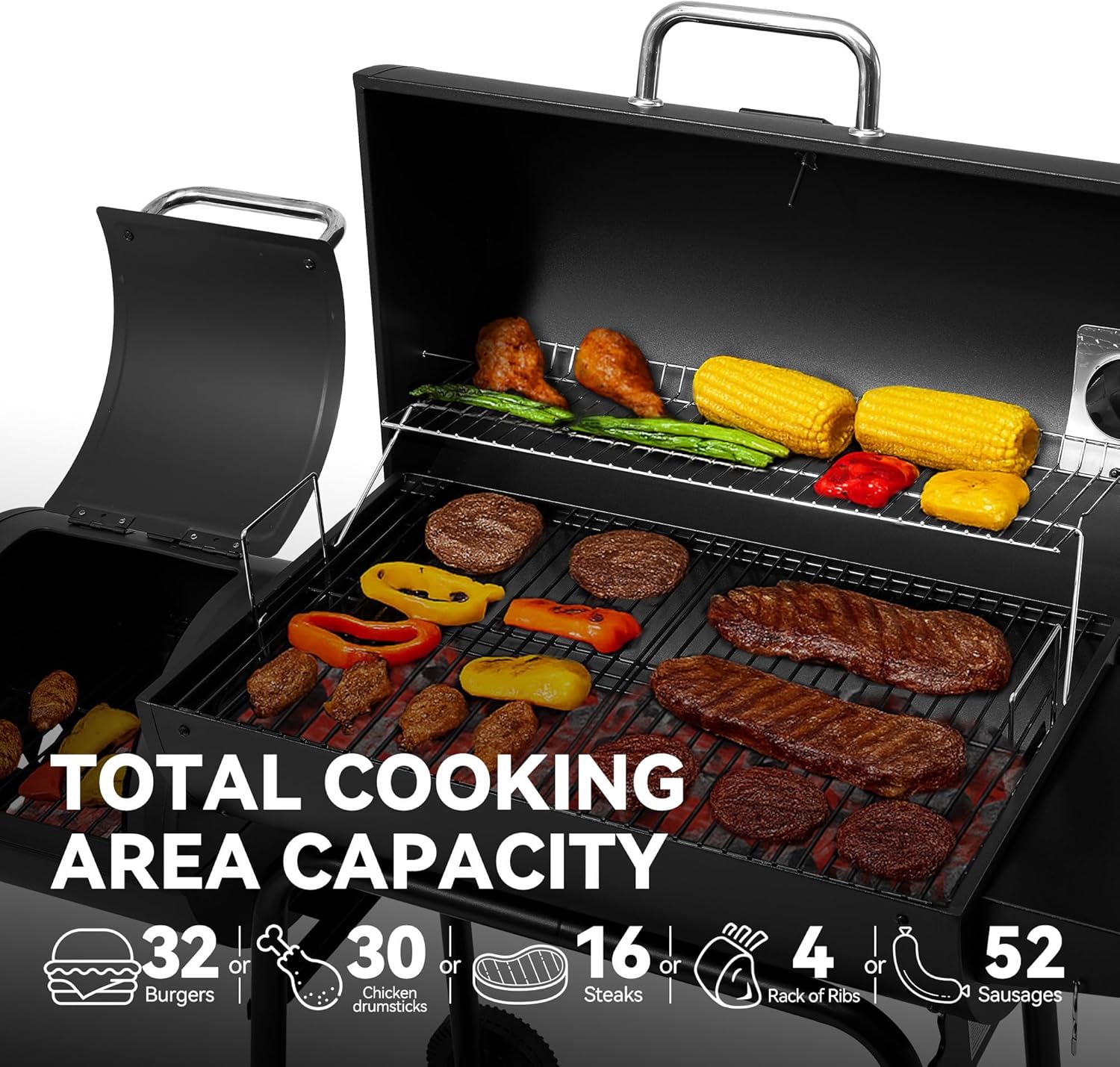 Royal Gourmet CC1830M 30 Inch Barrel Charcoal Grill with Offset Smoker & Warming Rack, Outdoor BBQ Grill with 811 Sq. In. Grilling Space for Backyard, Patio and Parties, Black - Image 4