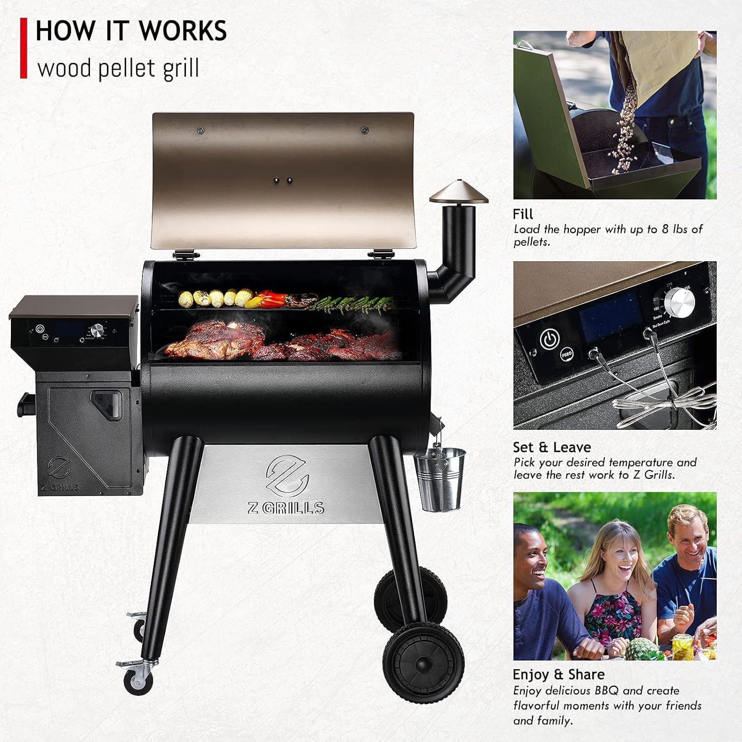 Z GRILLS 2025 Upgrade 8-in-1 Electric Wood Pellet Grill & Smoker with PID V3.0 Controller, LCD, 697 Sq In,Meat Probes, Easy Hopper Clean-out & Grill Cover
