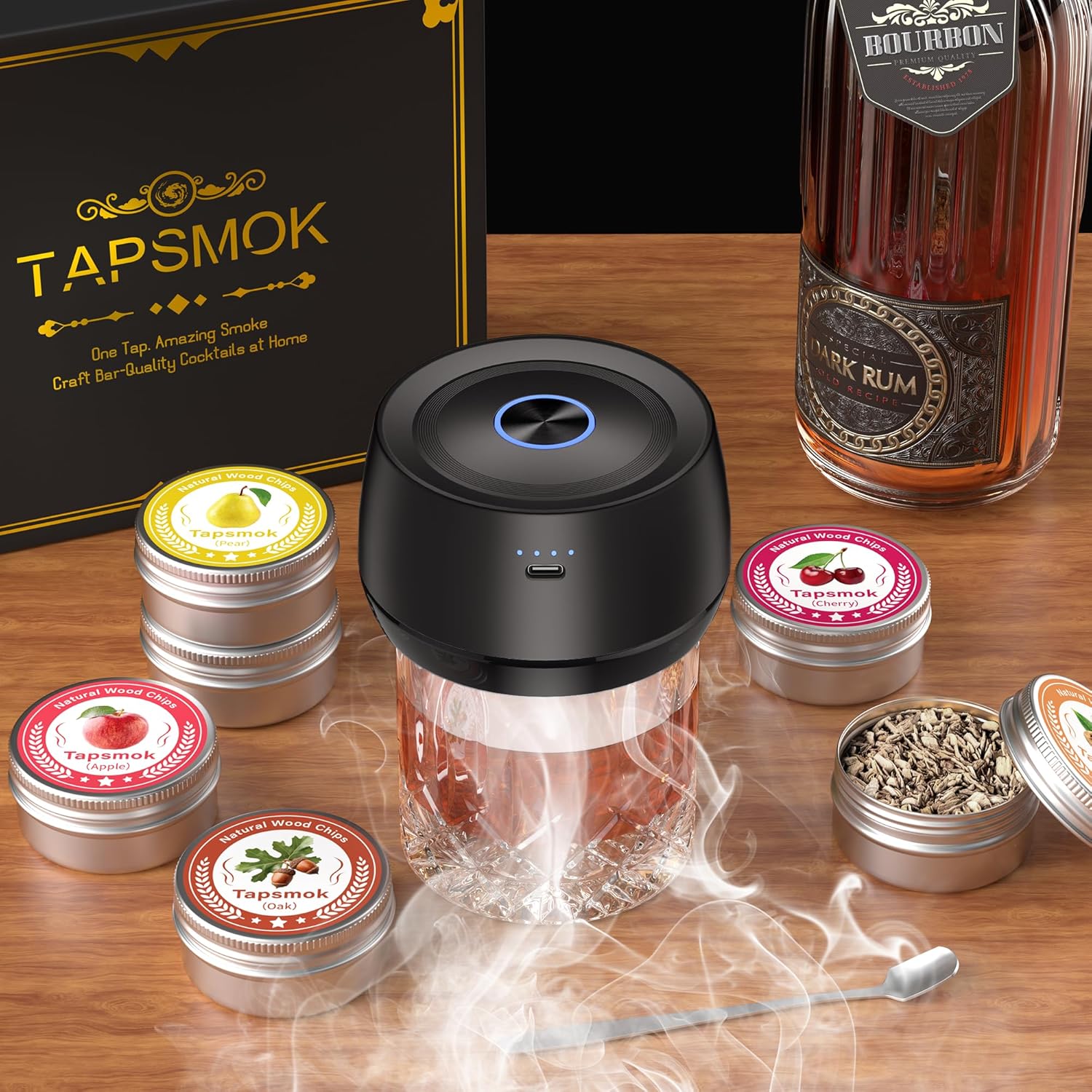 Electric Whiskey Smoker Kit: Rechargeable Cocktail Smoker for Old Fashioned & Bourbon Drinks with Built-in Lighter, No Butane Needed, 6 Wood Chips, Christmas Whiskey Gift for Men, Dad, Husband