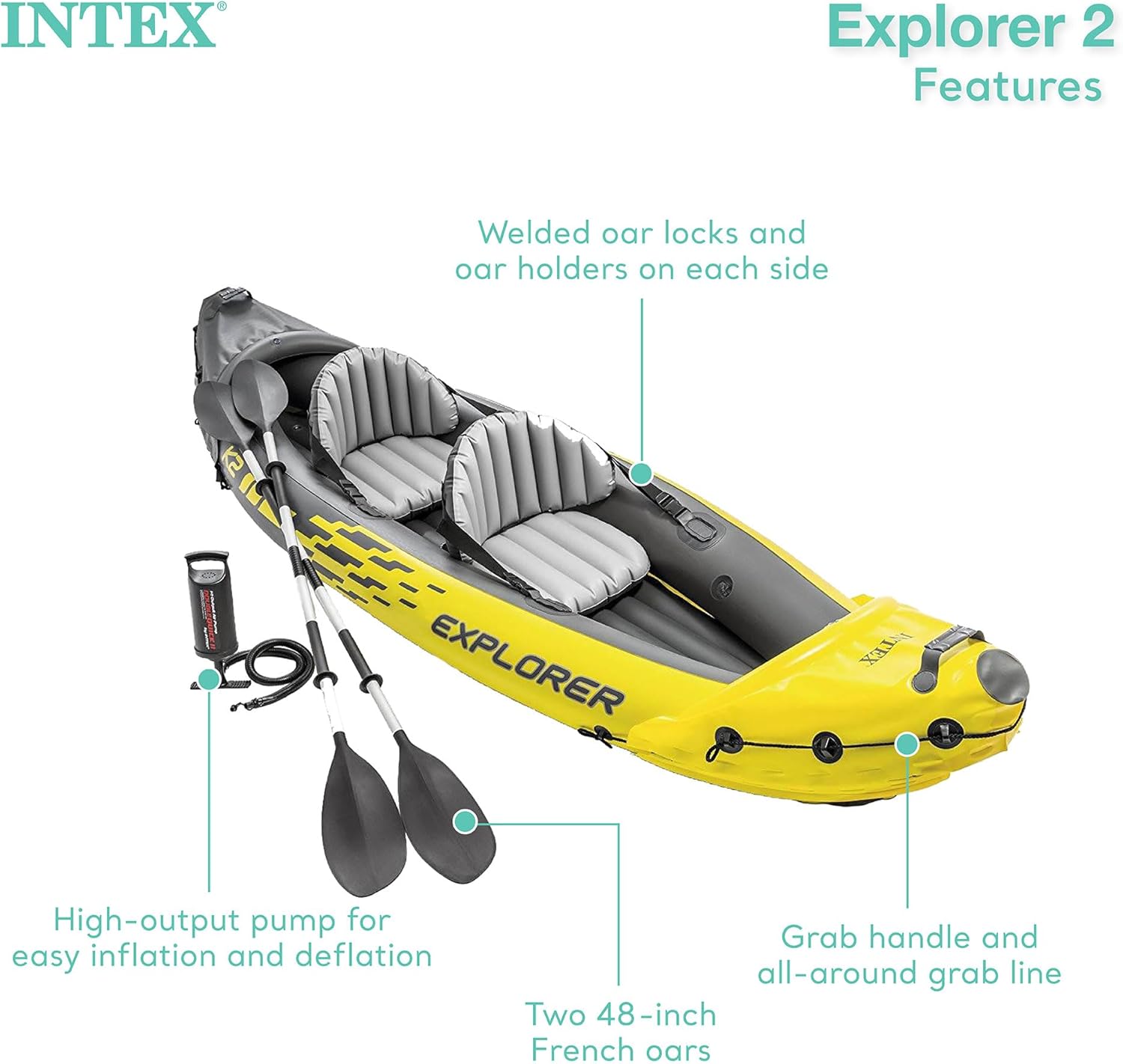 Intex 68307EP Explorer K2 Inflatable Kayak Set: Includes Deluxe 86in Aluminum Oars and High-Output Pump u2013 SuperStrong PVC u2013 Adjustable Seats with Backrest u2013 2-Person u2013 400lb Weight Capacity