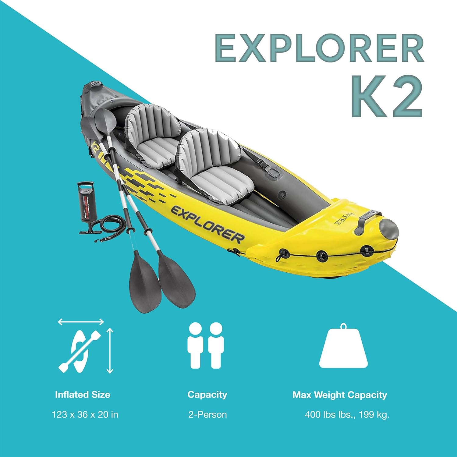 Intex 68307EP Explorer K2 Inflatable Kayak Set: Includes Deluxe 86in Aluminum Oars and High-Output Pump u2013 SuperStrong PVC u2013 Adjustable Seats with Backrest u2013 2-Person u2013 400lb Weight Capacity - Image 2