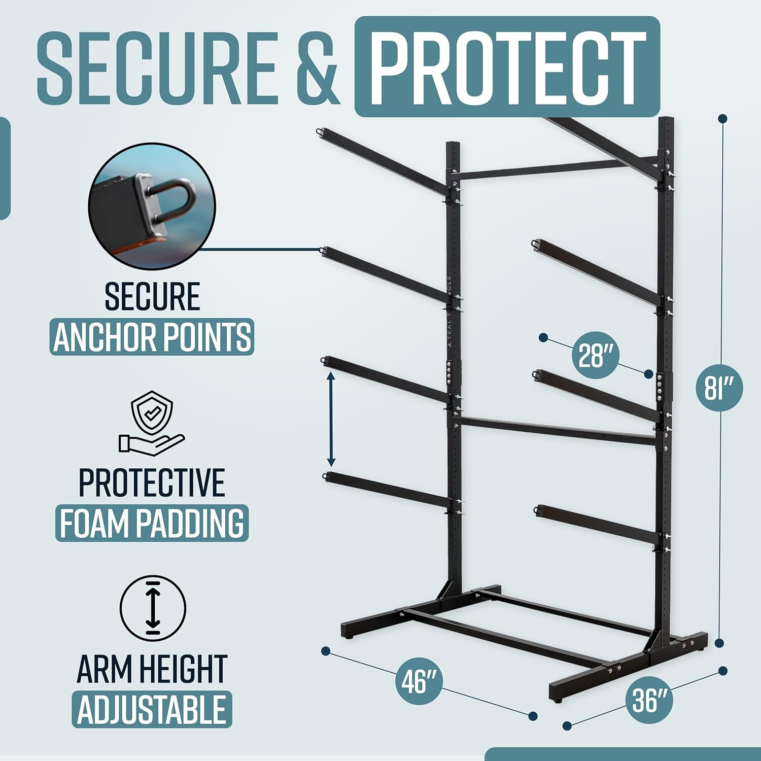Teal Triangle Freestanding Kayak Storage Rack u2013 4 Kayak Rack & Canoe Rack u2013 Indoor Outdoor Kayak u2013 Adjustable Surfboard & Stand Up Paddle Board Holder u2013 Adjustable Storage Stand - Black