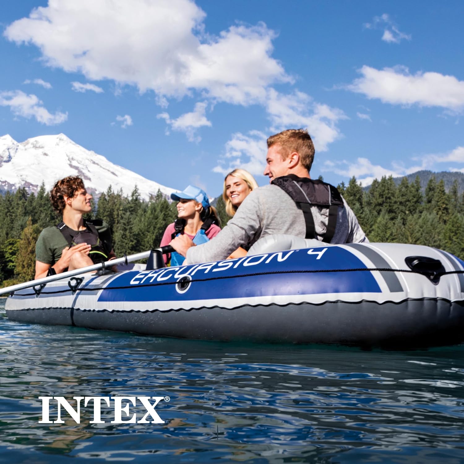 INTEX 68324EP Excursion 4 Inflatable Boat Set: Includes Deluxe 54in Boat Oars and High-Output Pump u2013 Adjustable Seats with Backrest u2013 Fishing Rod Holders u2013 4-Person u2013 1100lb Weight Capacity