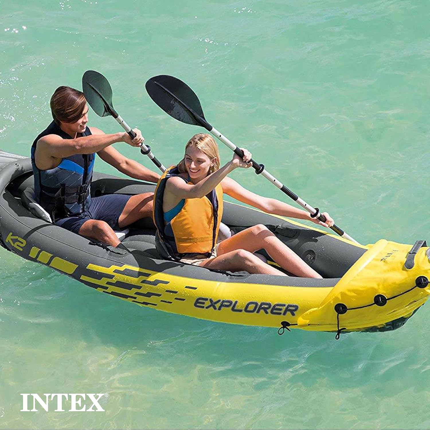 Intex 68307EP Explorer K2 Inflatable Kayak Set: Includes Deluxe 86in Aluminum Oars and High-Output Pump u2013 SuperStrong PVC u2013 Adjustable Seats with Backrest u2013 2-Person u2013 400lb Weight Capacity - Image 4
