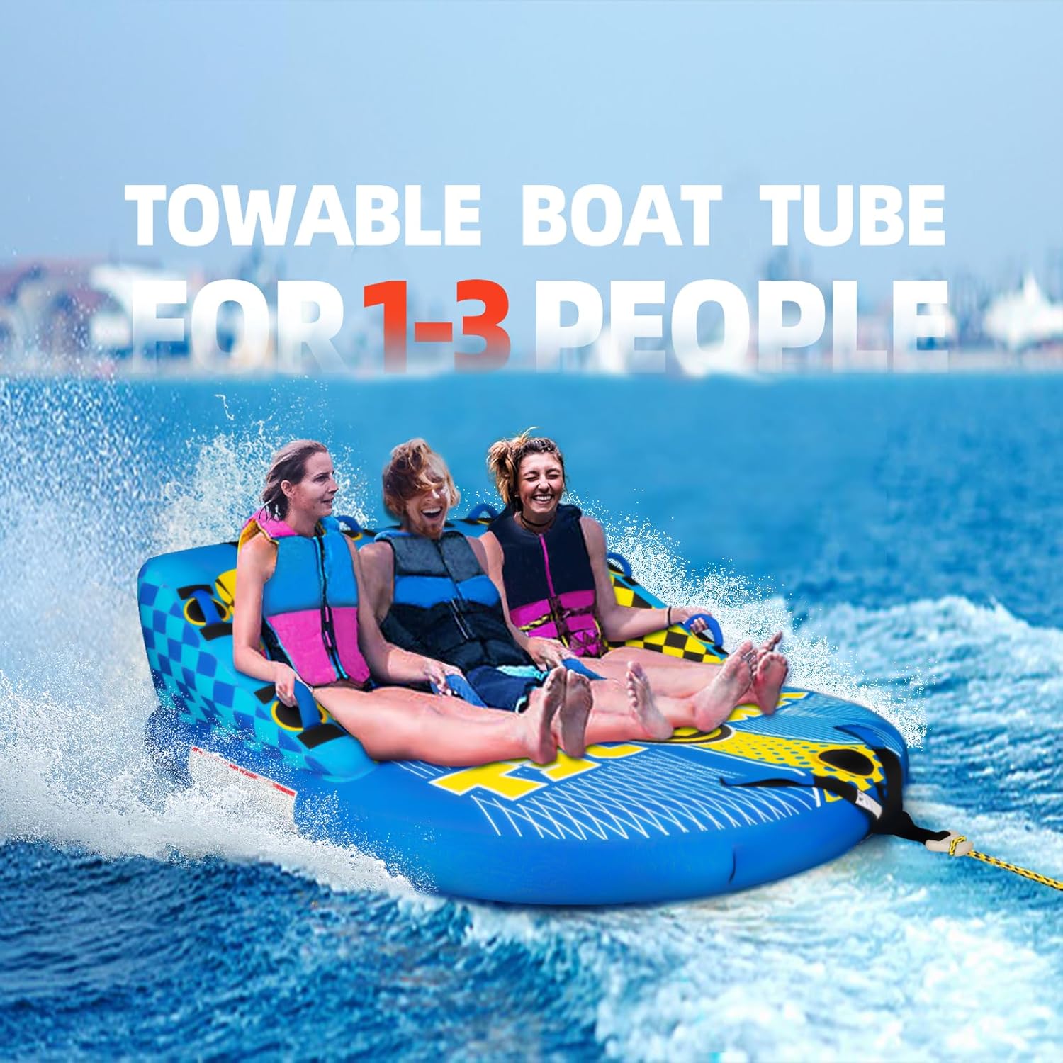 KMJETNIVY Towable Tubes for Boating Person,Pull Tube, Super Sofa Tubes for Boats,Inflatable Boat Tube,Front&Back Tow Points w/Heavy-Duty Thick Nylon Cover for Water Sports