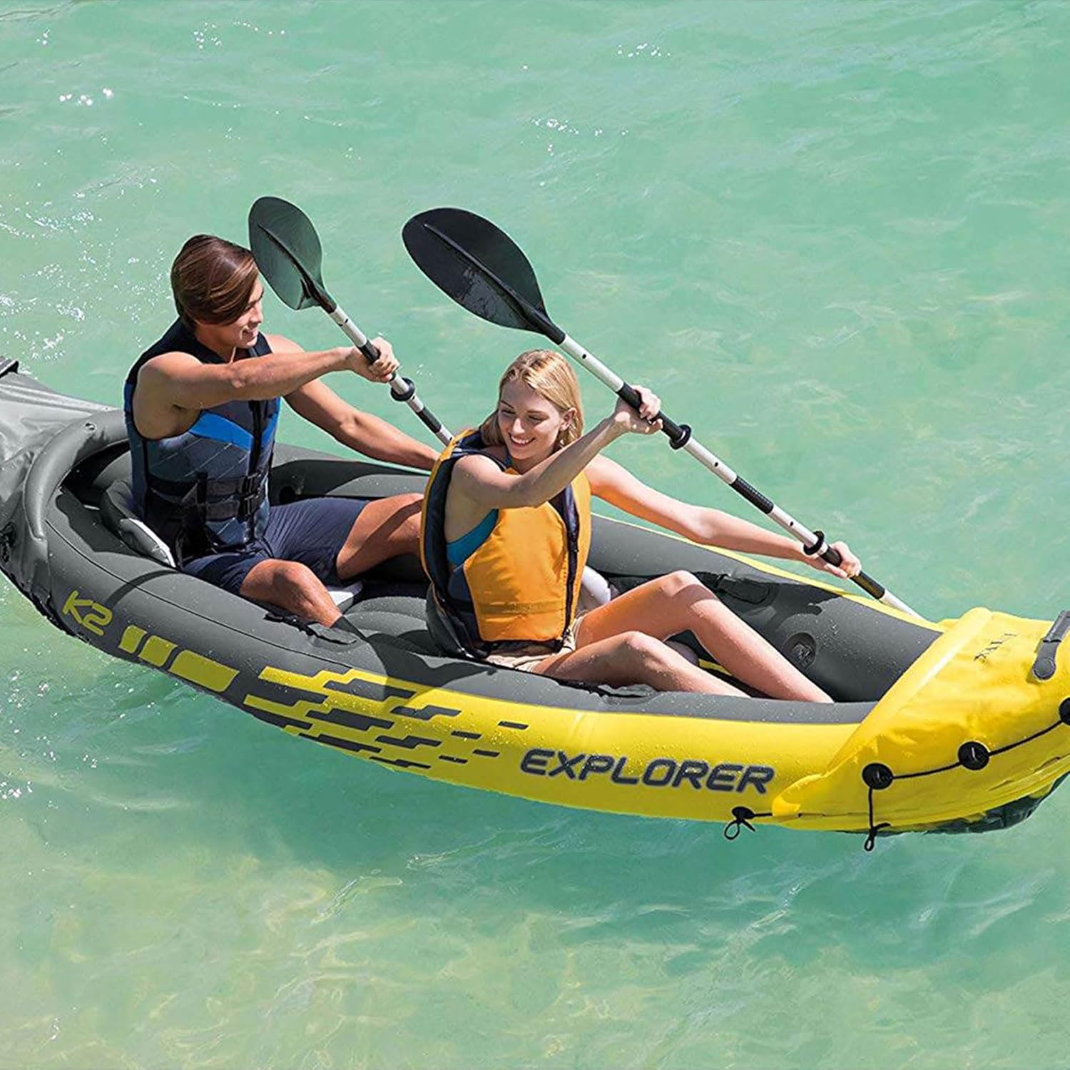 Intex 68307EP Explorer K2 Inflatable Kayak Set: Includes Deluxe 86in Aluminum Oars and High-Output Pump u2013 SuperStrong PVC u2013 Adjustable Seats with Backrest u2013 2-Person u2013 400lb Weight Capacity - Image 5