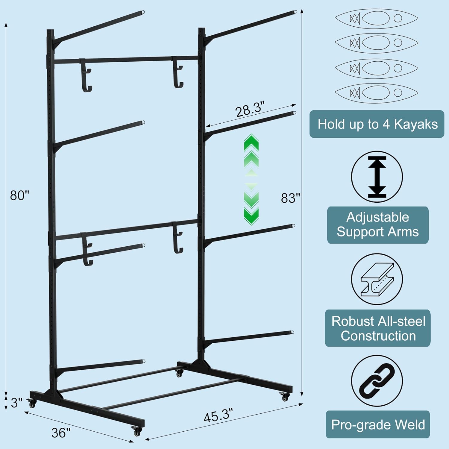 RELIANCER Freestanding Kayak Storage Rack w/Wheel,Adjustable Kayak Stand for Boat Dock,Garage,Indoor & Outdoor Canoe and Kayaks Holder,Water Sport Watercraft Storage Rack for SUP,Surfboard,Paddleboard