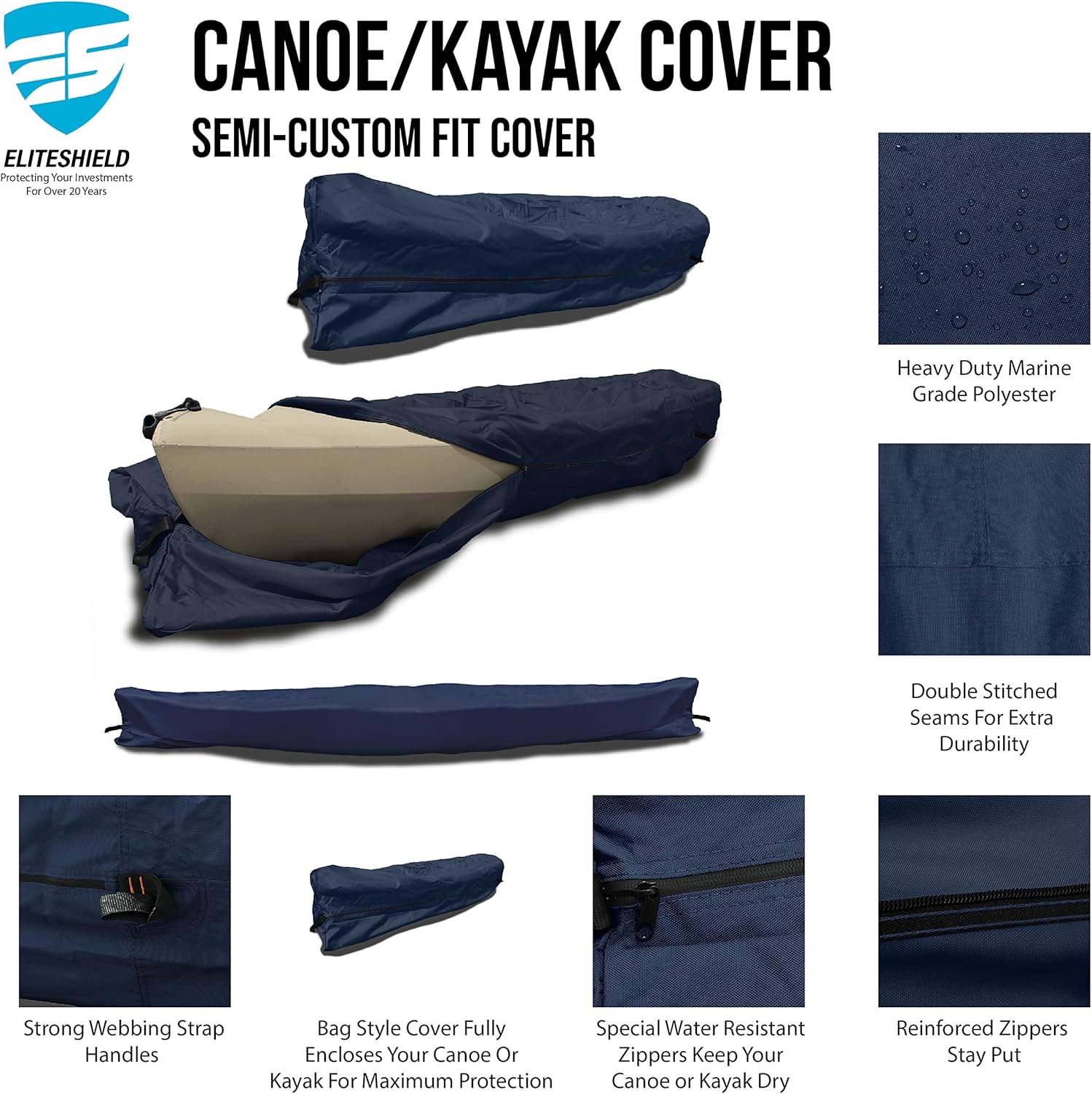 EliteShield Canoe Cover Kayak Cover; Waterproof UV Resistant 600D Marine Grade Polyester Canoe Kayak Boat Storage Cover fits 17 ft-18 ft Long, 120 Inches Girth Navy Color