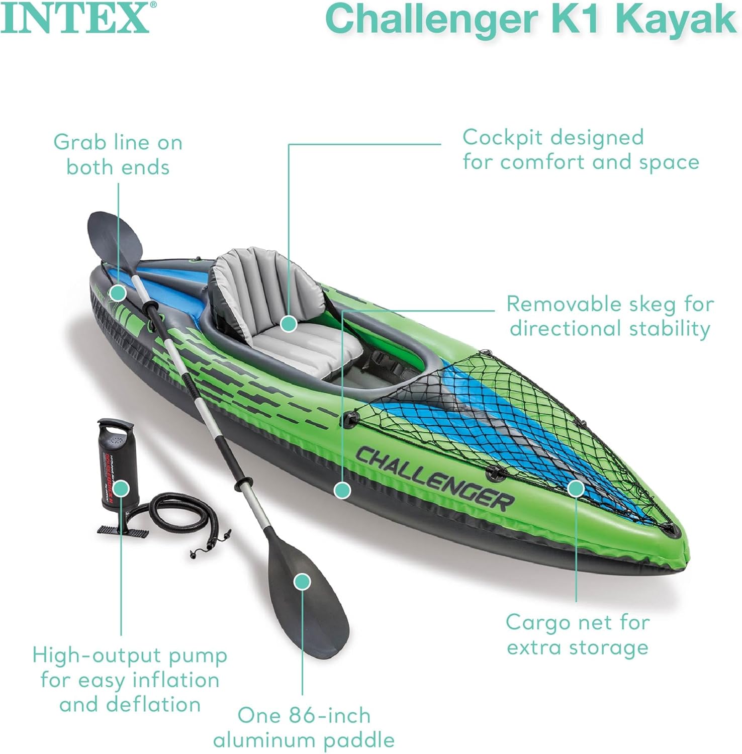 INTEX Challenger Inflatable Kayak Series: Includes Deluxe 86in Kayak Paddles and High-Output Pump u2013 SuperStrong PVC u2013 Adjustable Seat with Backrest u2013 Removable Skeg u2013 Cargo Storage Net