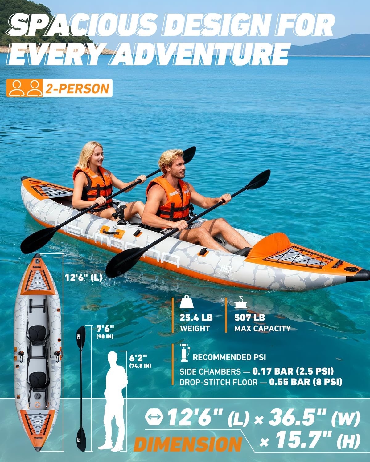 2 Person Inflatable Kayak Tandem Fishing Kayak for Adults, Portable Touring Kayak Canoe with Dual Floats, Drop-Stitch Floor and Fish Measuring Ruler, 12.5 FT