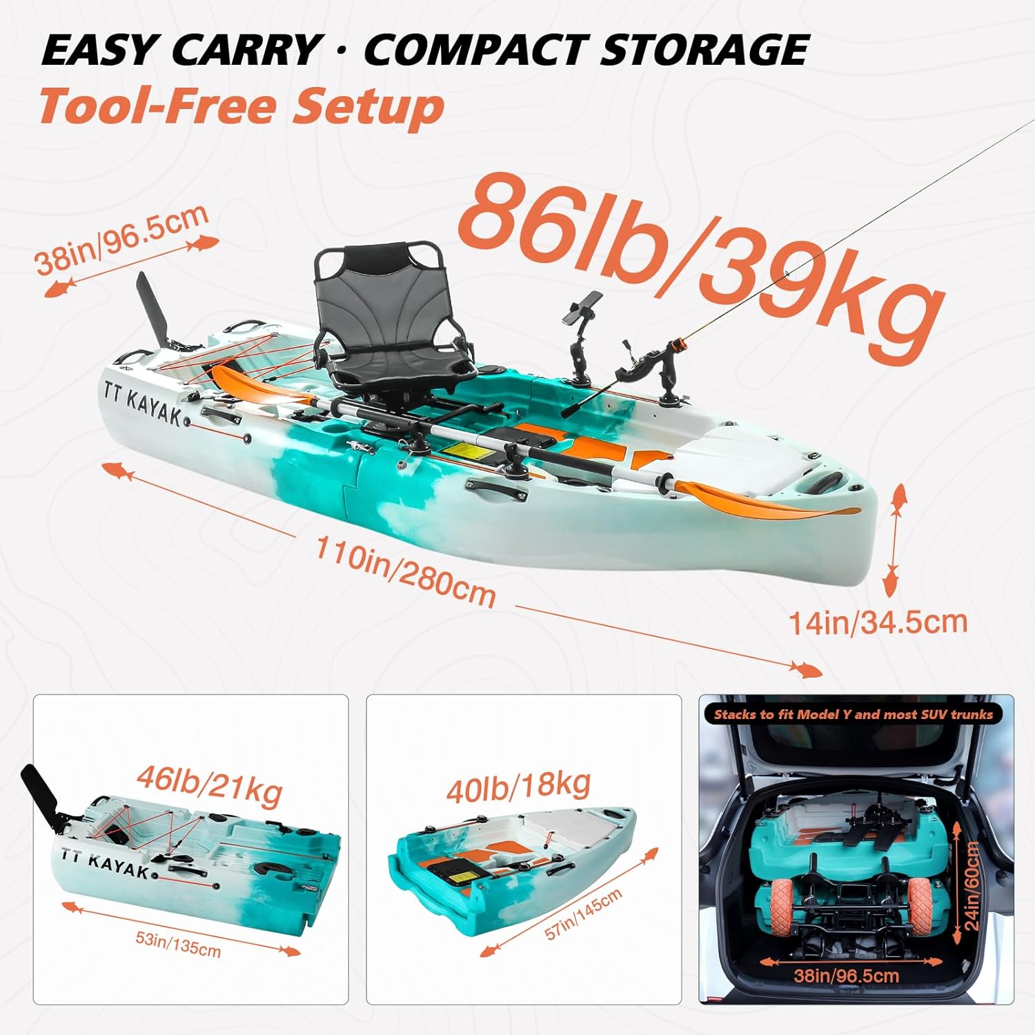 Modular Fishing Kayak with Cart and Paddle, 110in Stable & Portable Sit-on-Top Kayak for Recreation and Fishing, Easy to Transport, Fits in SUV, Pickup or Van