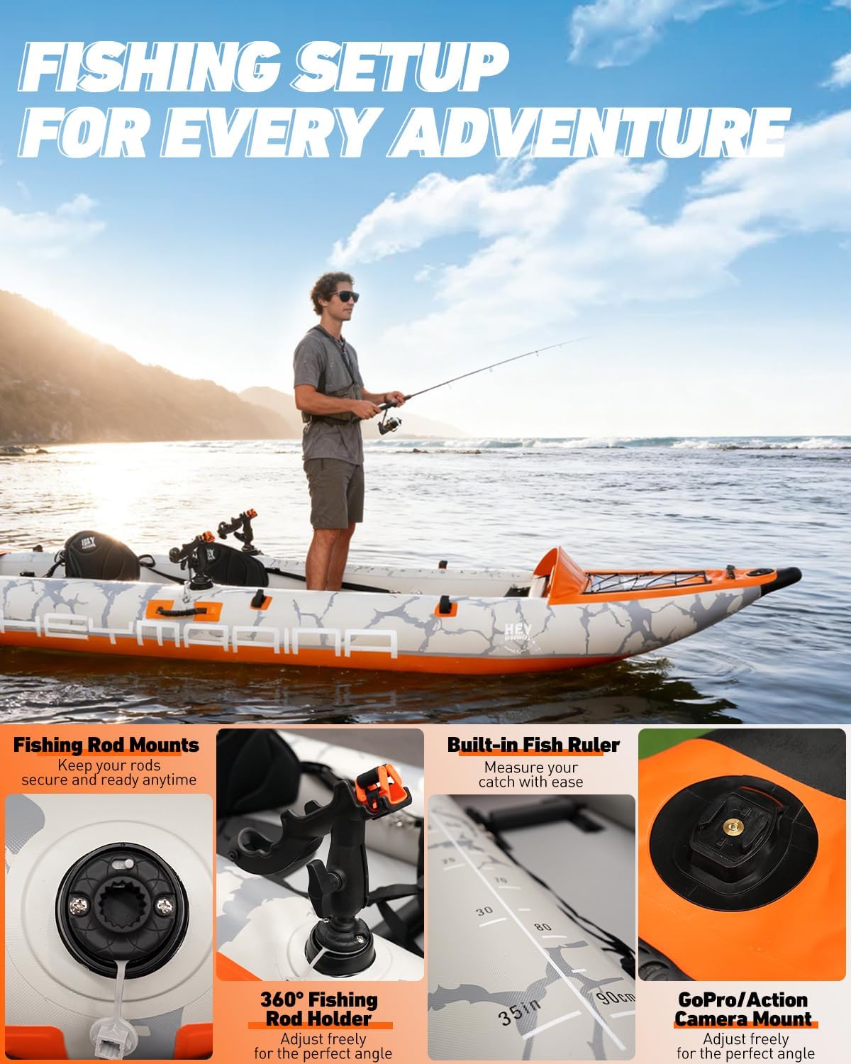 2 Person Inflatable Kayak Tandem Fishing Kayak for Adults, Portable Touring Kayak Canoe with Dual Floats, Drop-Stitch Floor and Fish Measuring Ruler, 12.5 FT - Image 3