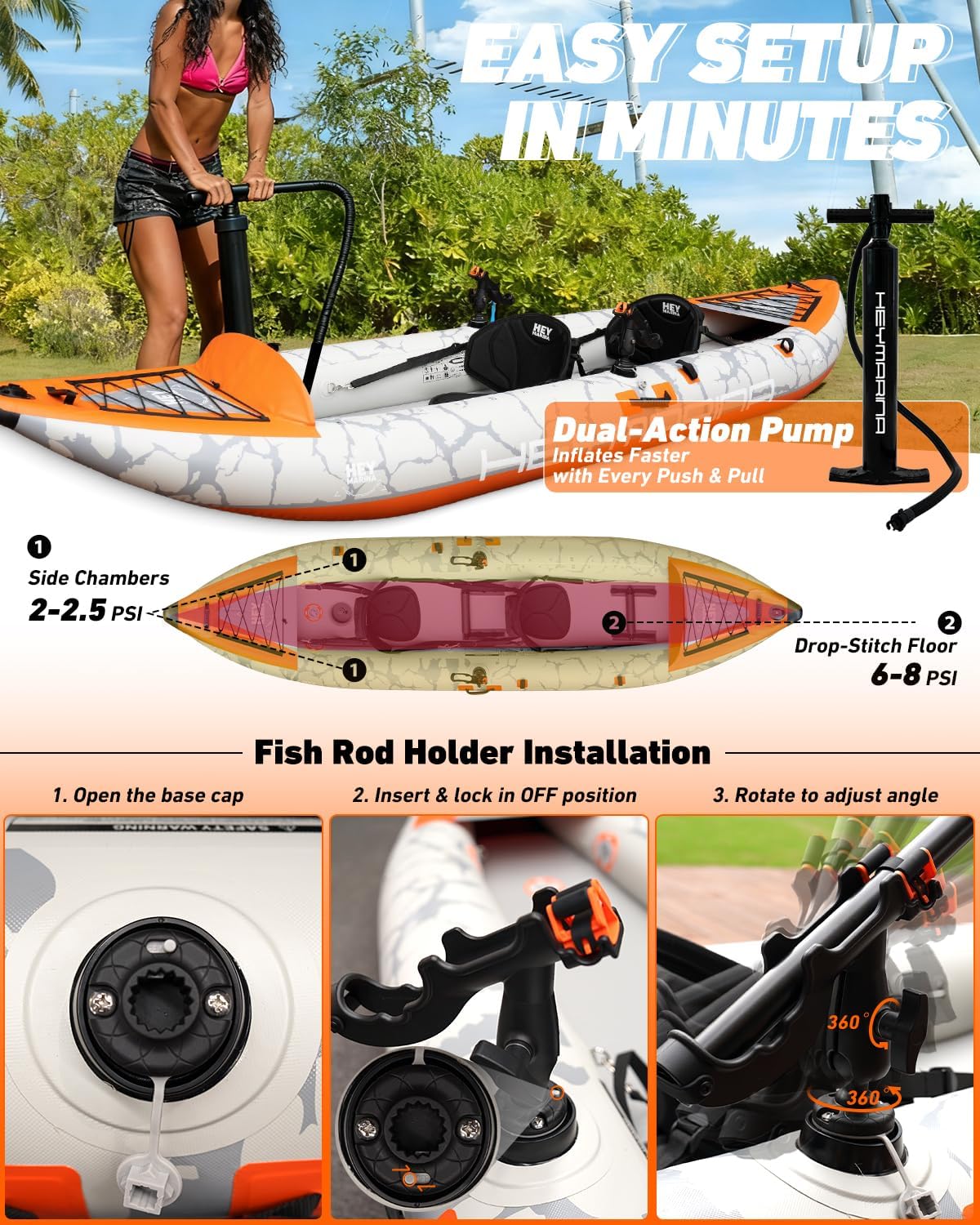 2 Person Inflatable Kayak Tandem Fishing Kayak for Adults, Portable Touring Kayak Canoe with Dual Floats, Drop-Stitch Floor and Fish Measuring Ruler, 12.5 FT - Image 4